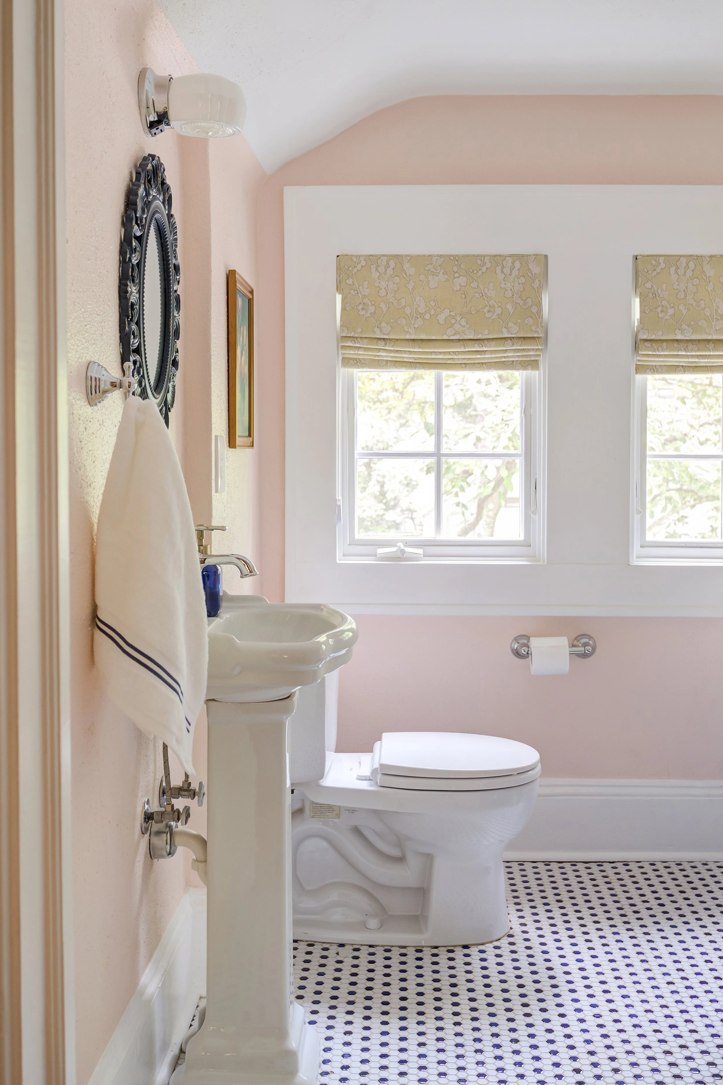 sunny bathroom with warm pink walls and hex tile flooring designed by chapel hill interior designer cat french design