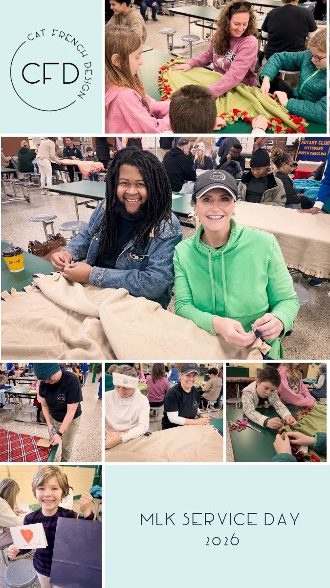 Cat French Design team members making blankets and care packages for seniors with the pittsboro rotary club chapel hill interior designer
