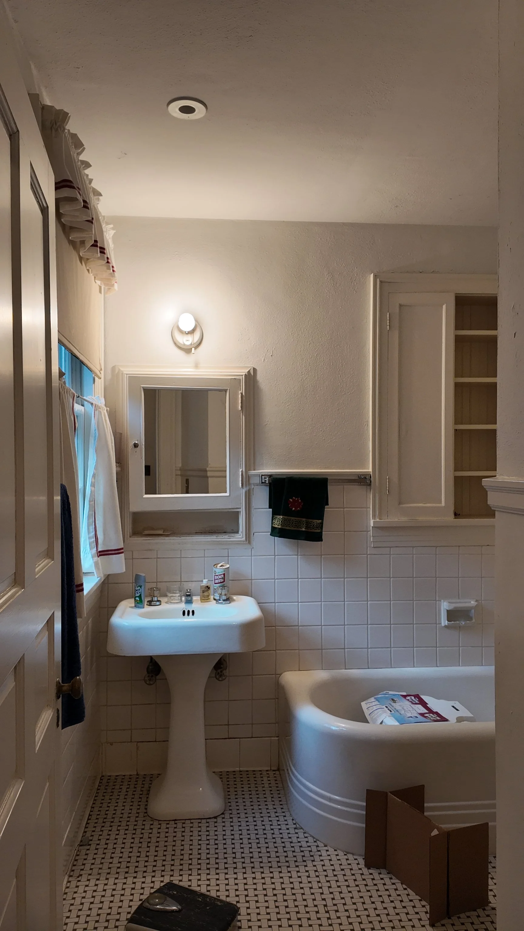 historic bathroom with original pedestal sink tub and tile in chapel hill historic home to be renovated by cat french design chapel hill interior designer