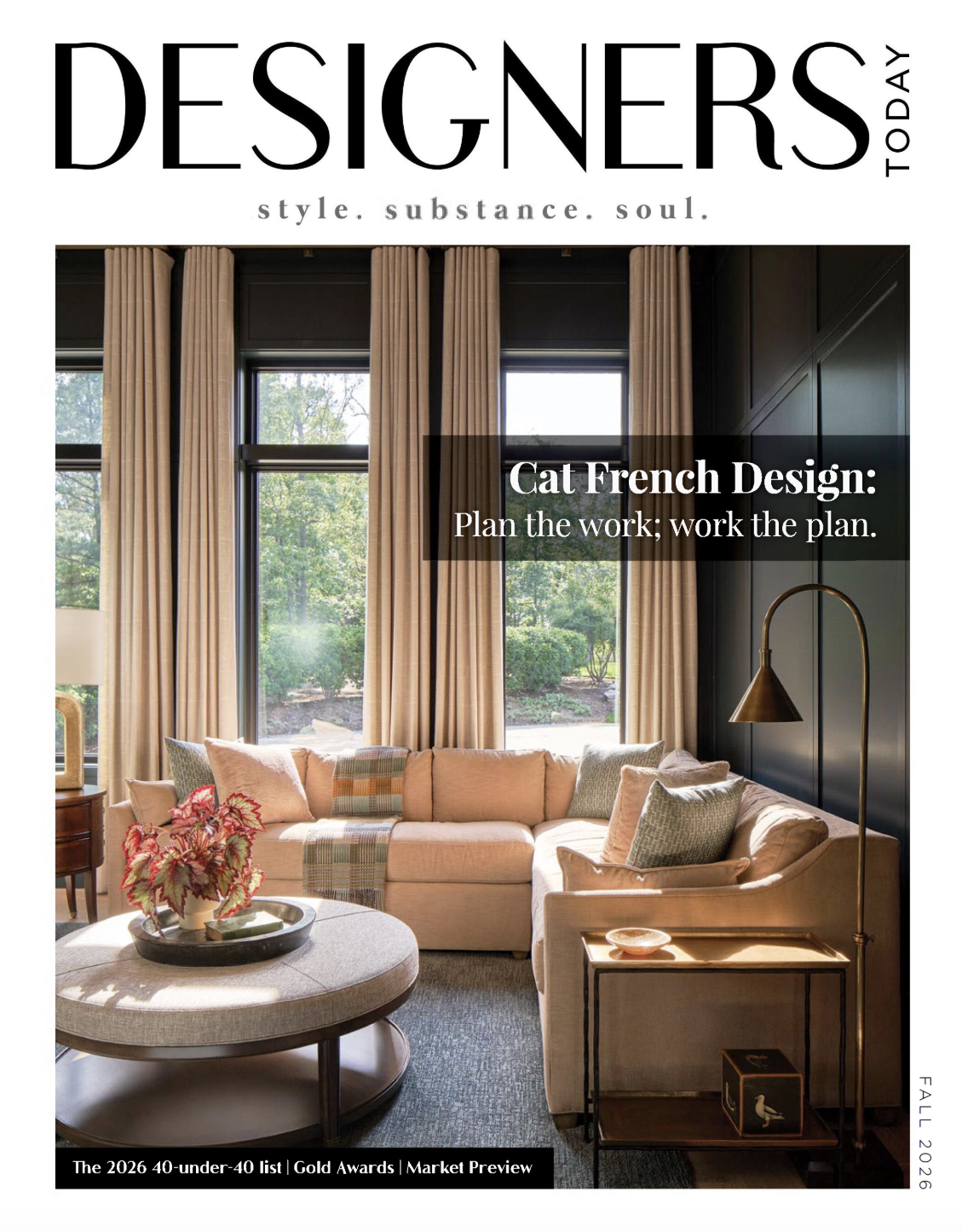 cover of fall 2026 issue of designers today magazine featuring a den family room design by cat french design chapel hill interior designer dark blue walls corner sectional couch inset carpet and inlaid wood ceiling family friendly luxury