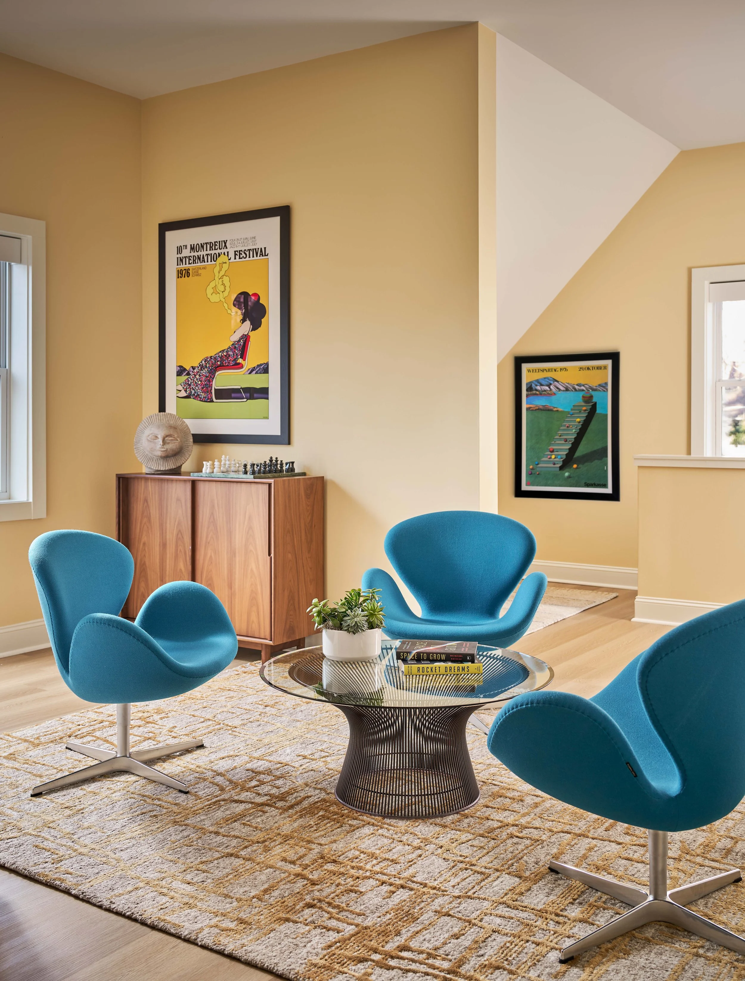 home office design mid-century modern home design with blue mid century modern chairs coffee table and geometric rug by cat french design chapel hill interior designer luxury interior designer chapel hill, nc interior designer modern organic