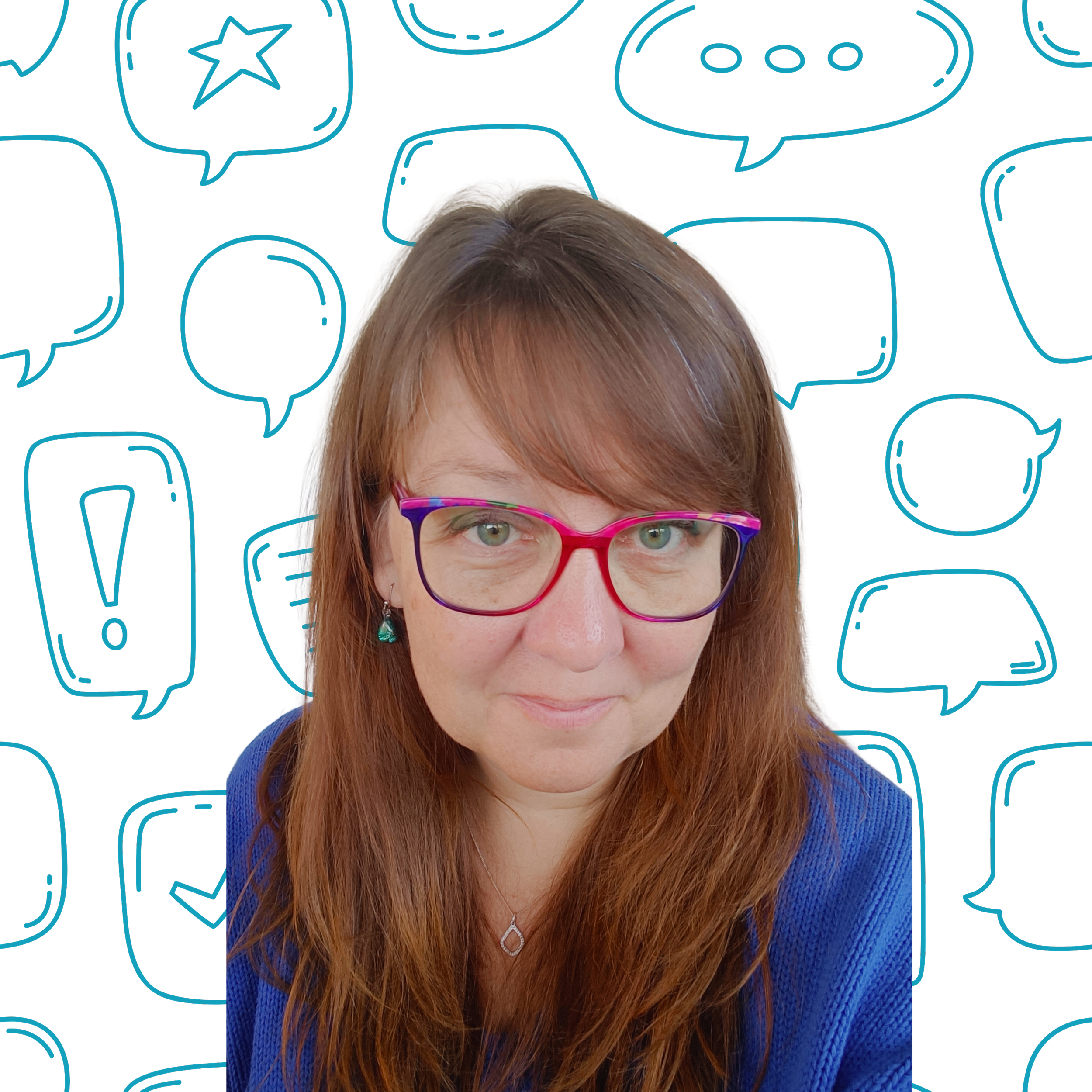 Female (Eleanor) with long hair, coloured glasses and a blue jumper.  Background is blue speech bubbles.