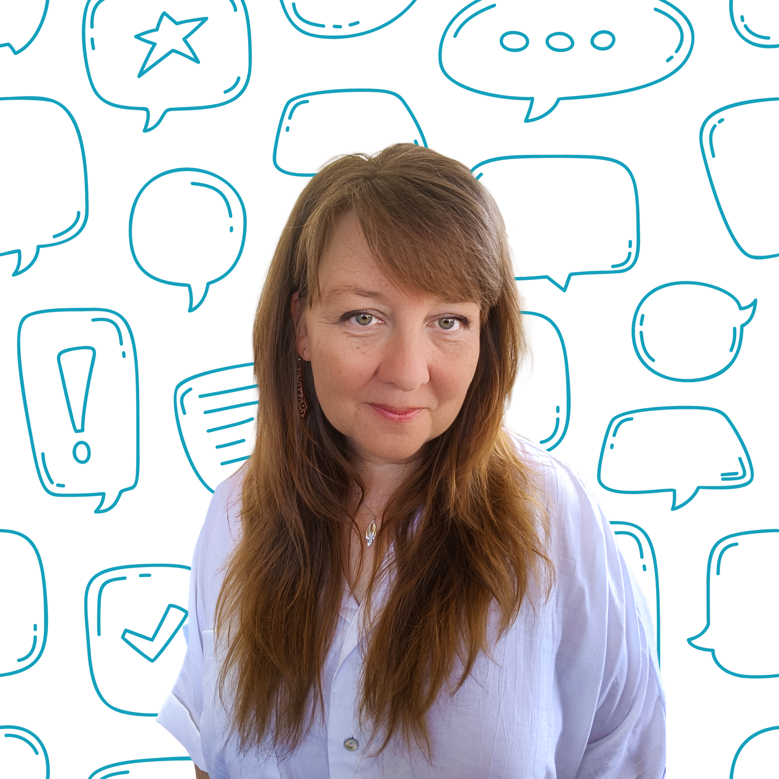 Photo of lady with long hair in white top (Eleanor) surrounded by light blue speech bubbles
