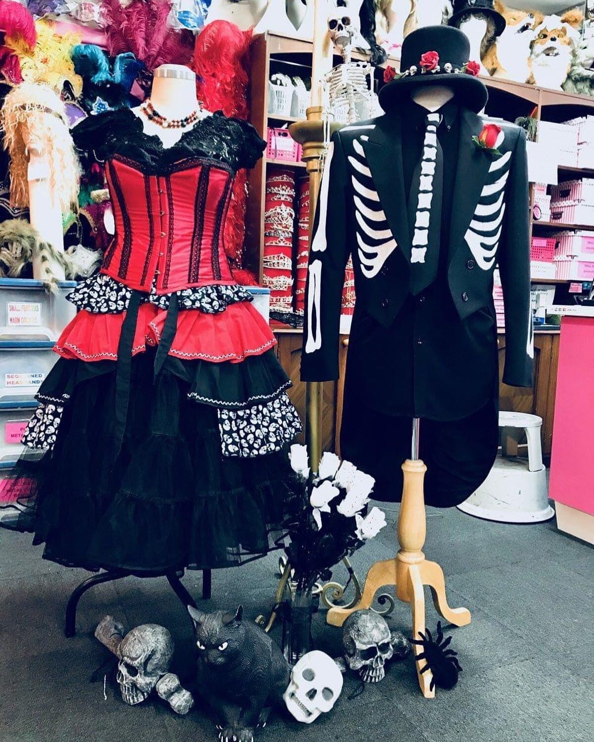 Halloween and Day of the Dead are creeping up! #halloweencostumes #dayofthedead #costumehire #redblackwhitetheme🔴⚫️⚪️