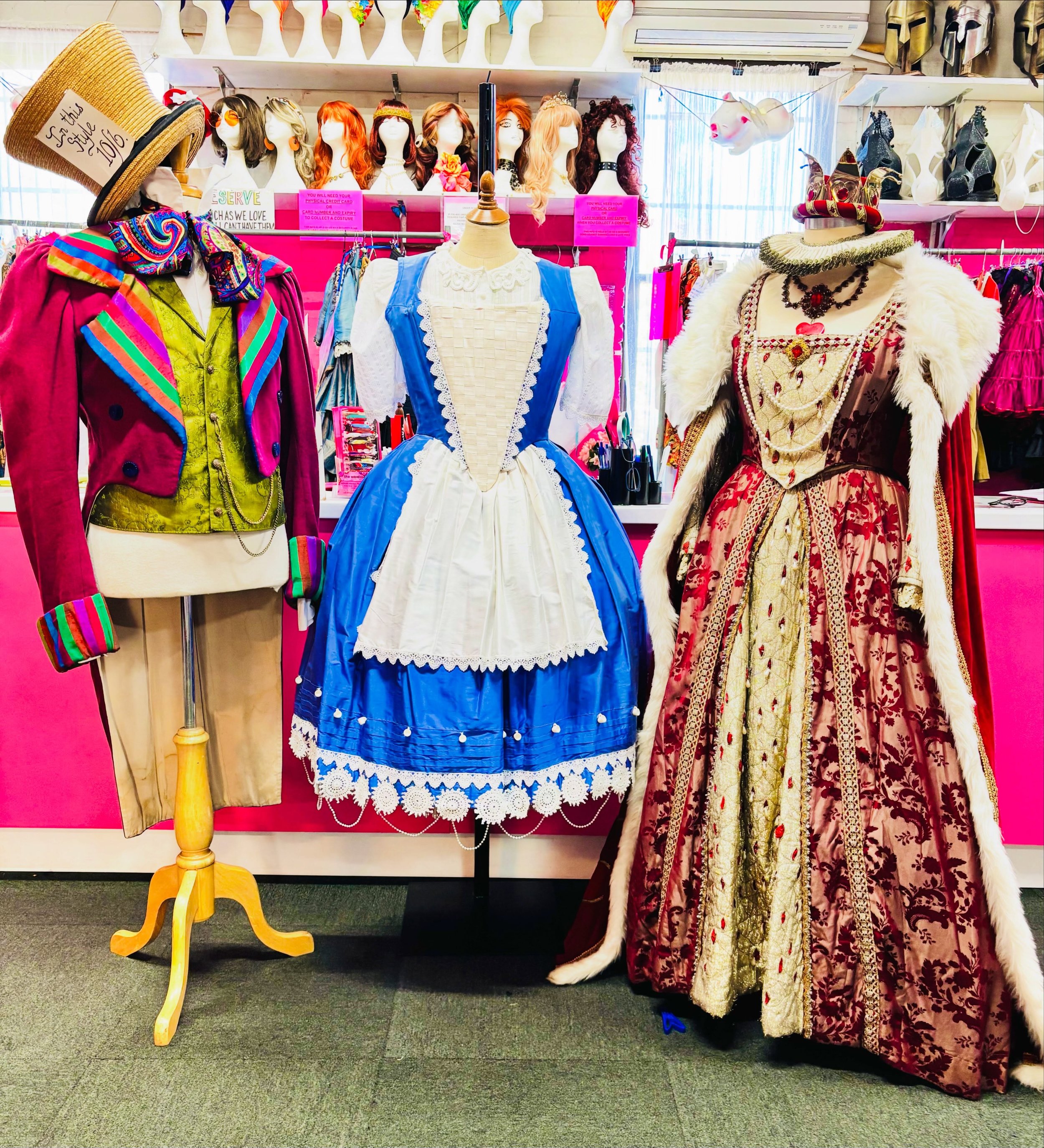 &ldquo;OFF WITH THEIR HEADS!&rdquo; It looks like the Queen of Hearts had her way with these mannequins all dressed for Book Week next week! #costumehire #bookweekteachers #aliceinwonderland