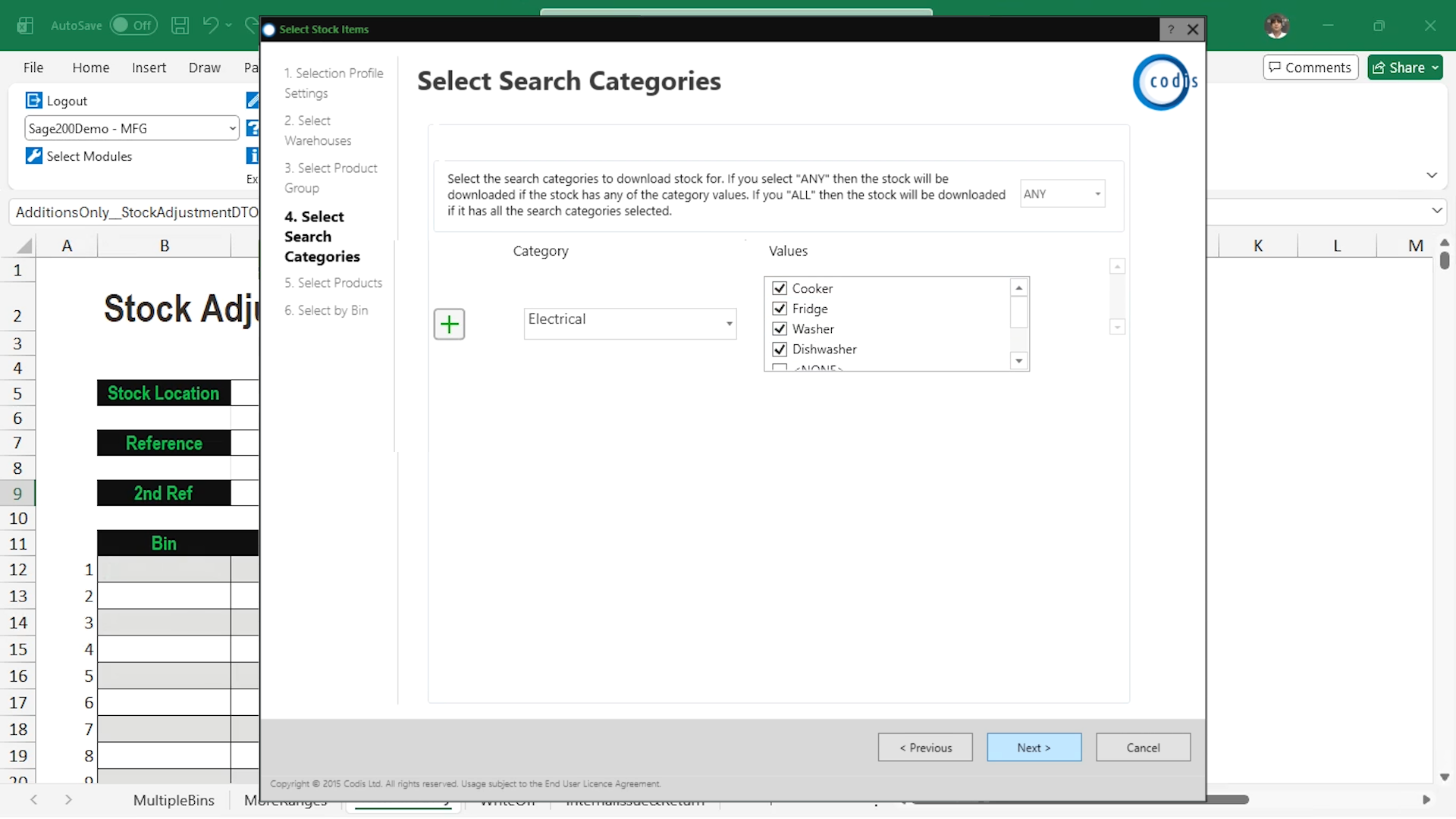 selecting search categories in stock excelerator