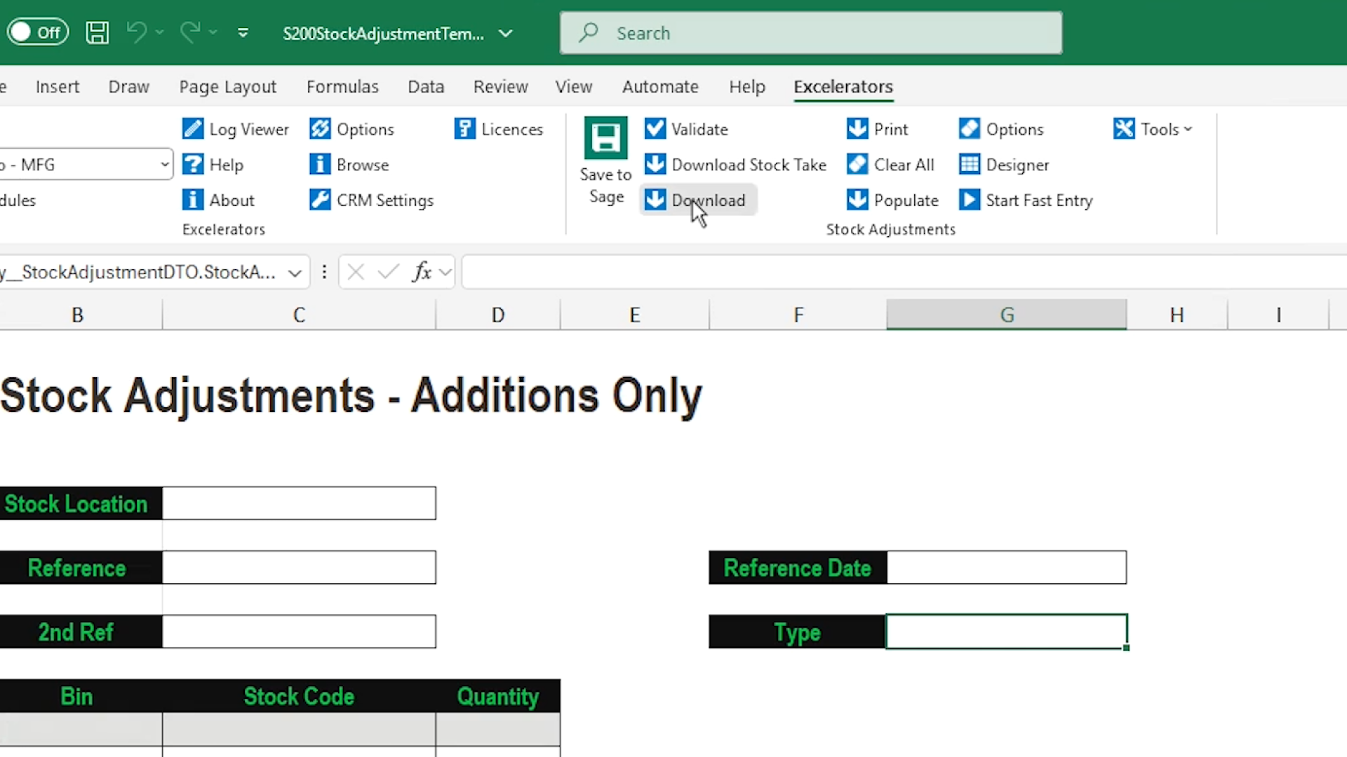 clicking on stock adjustment Excelerator’s download button