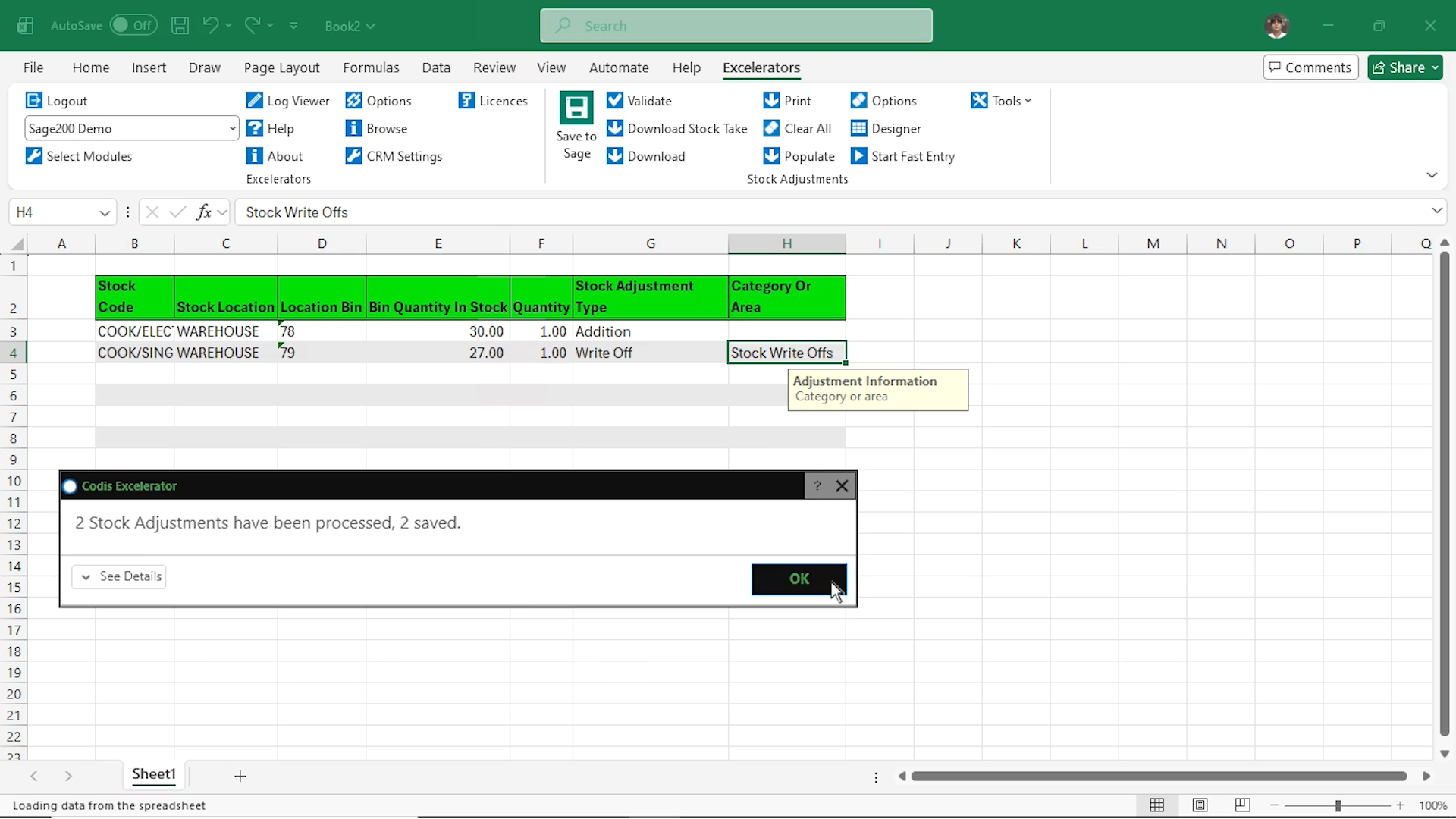 excelerator validating and saving to sage 200