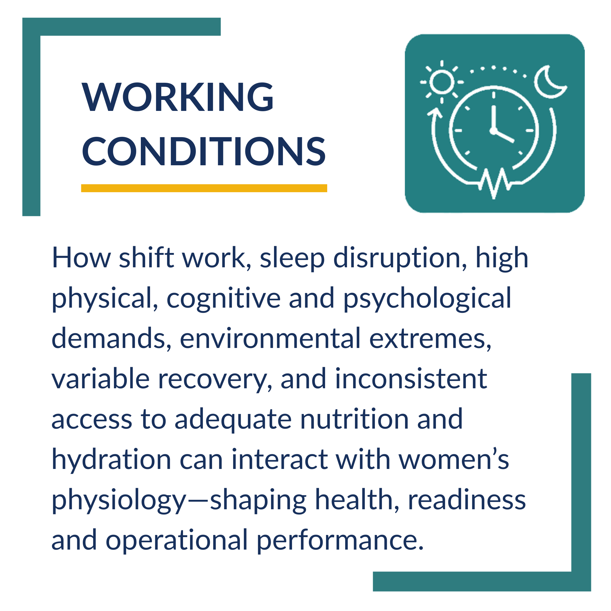 Illustration with a clock, sun, and moon indicating 24-hour cycle, and text about working conditions, sleep disruption, physiological health, and performance.