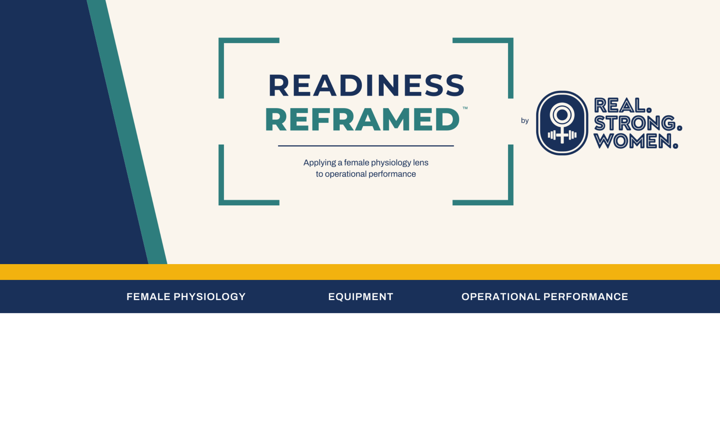 A presentation slide titled 'Readiness Reframed' with the subtitle 'Applying a female physiology lens to operational performance.' The slide features a logo with a feminized weightlifting icon and the words 'Real. Strong. Women.' The slide also contains a black section at the bottom with the headings 'Female Physiology,' 'Equipment,' and 'Operational Performance.'
