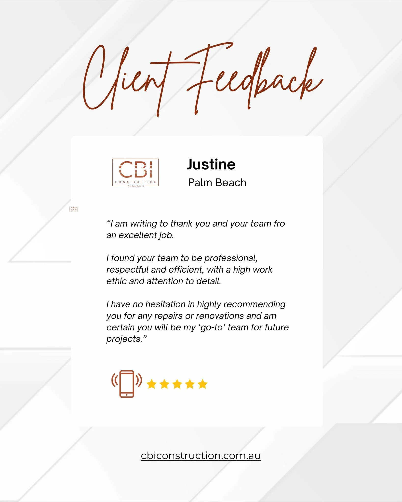A huge thank you to Justine, Palm Beach, for the amazing testimonial! We pride ourselves on being professional, respectful, and efficient, with a high work ethic and attention to detail. 

Ready for a seamless build process? We're your go-to team.

?