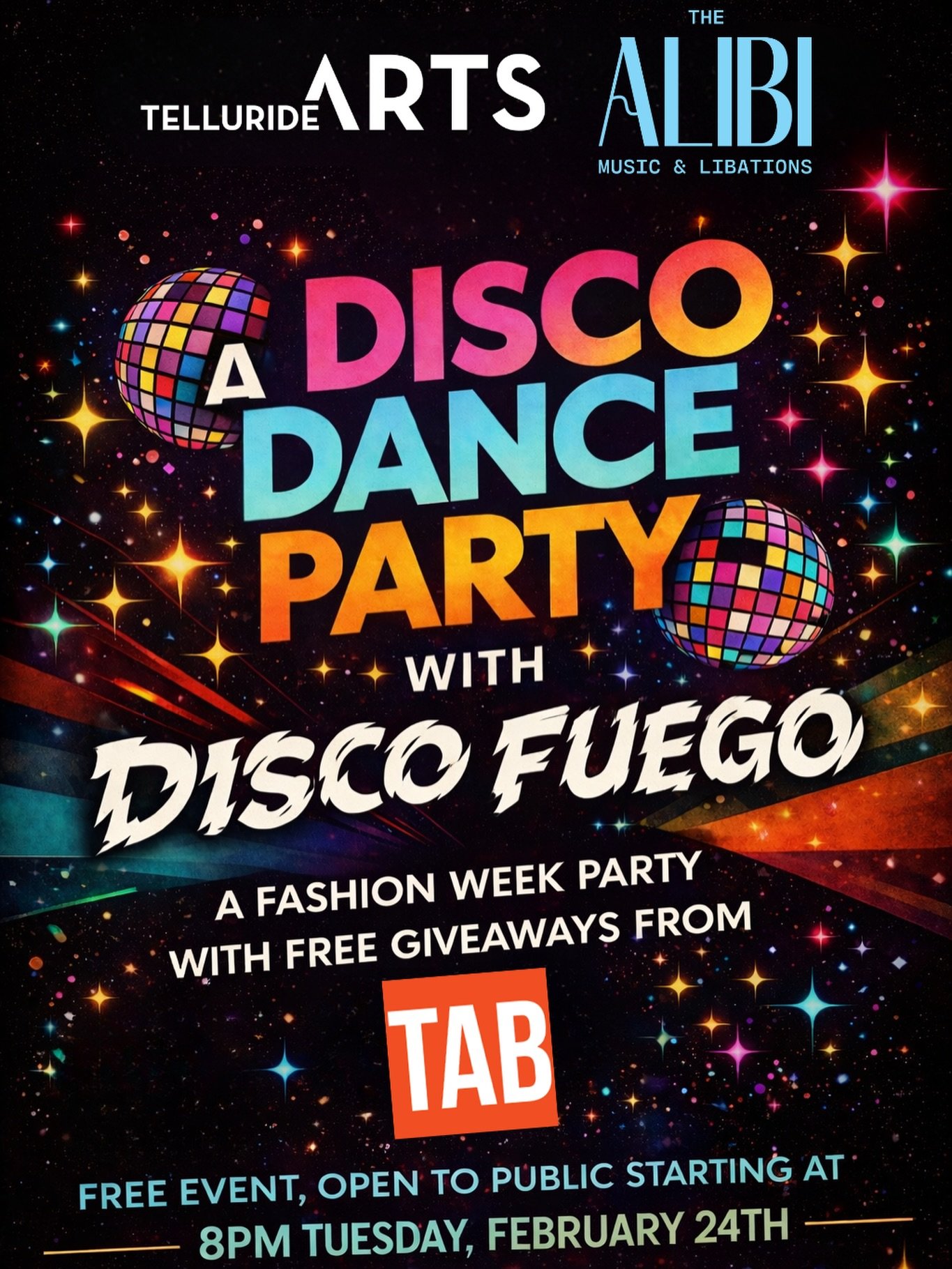TOMORROW NIGHT! 

Join us at @alibi_telluride for @discofuegocolorado presented by @telluridearts to kick off TAB Fashion Week! 

Let&rsquo;s DANCE - and get ready for an incredible week of fashion, glamor, and fun!