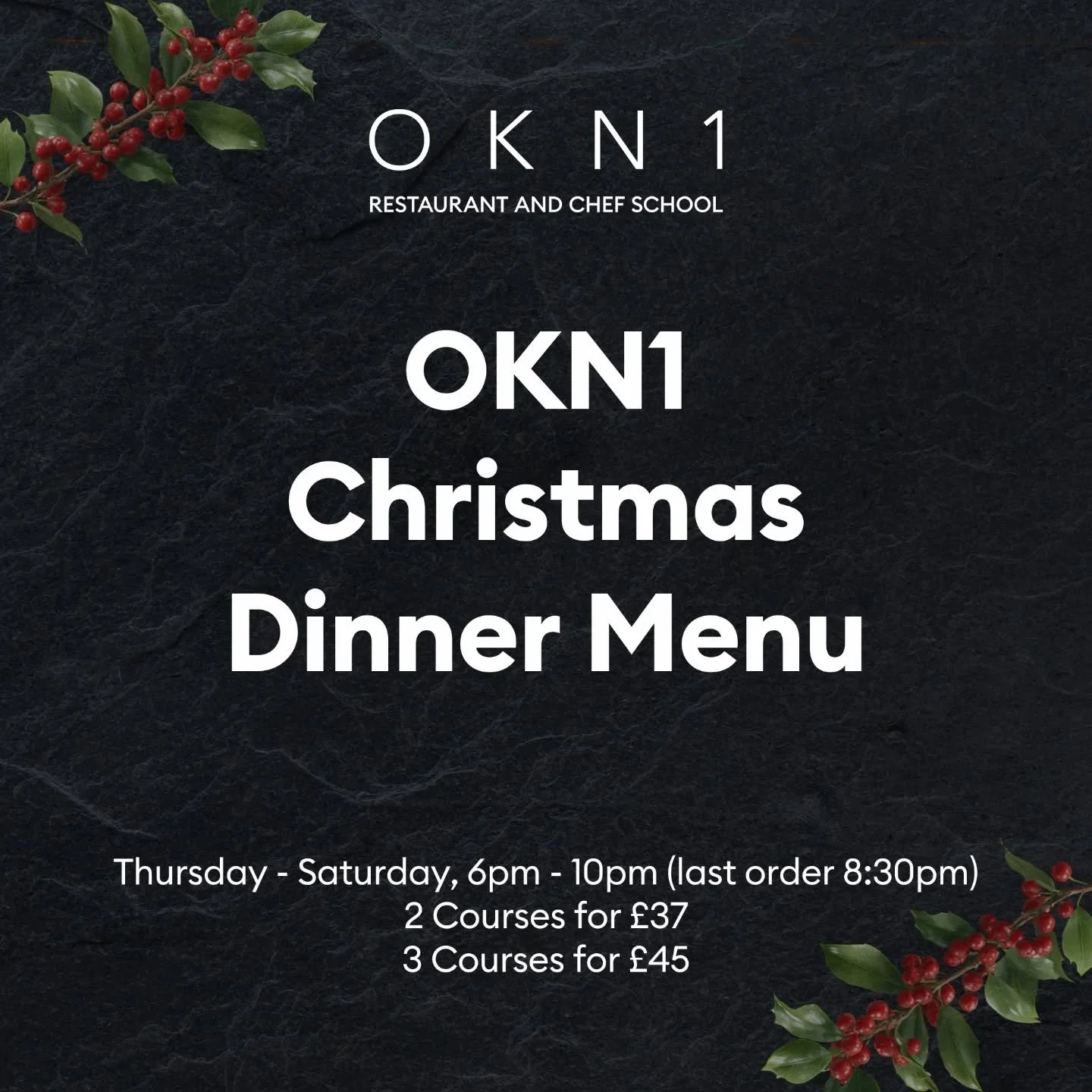 Check out our Christmas dinner menu and secure your booking, whether it be for family or friends, or for a work event, we can't wait to host you. For bookings over 6 people please call 020 7613 9590 or email info@okn1.co.uk.

Celebrate the season wit
