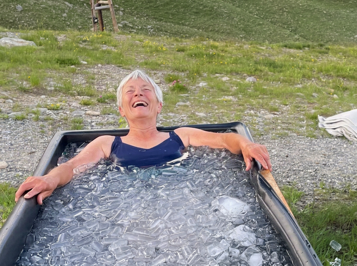 ältere Frau lacht im Eisbad