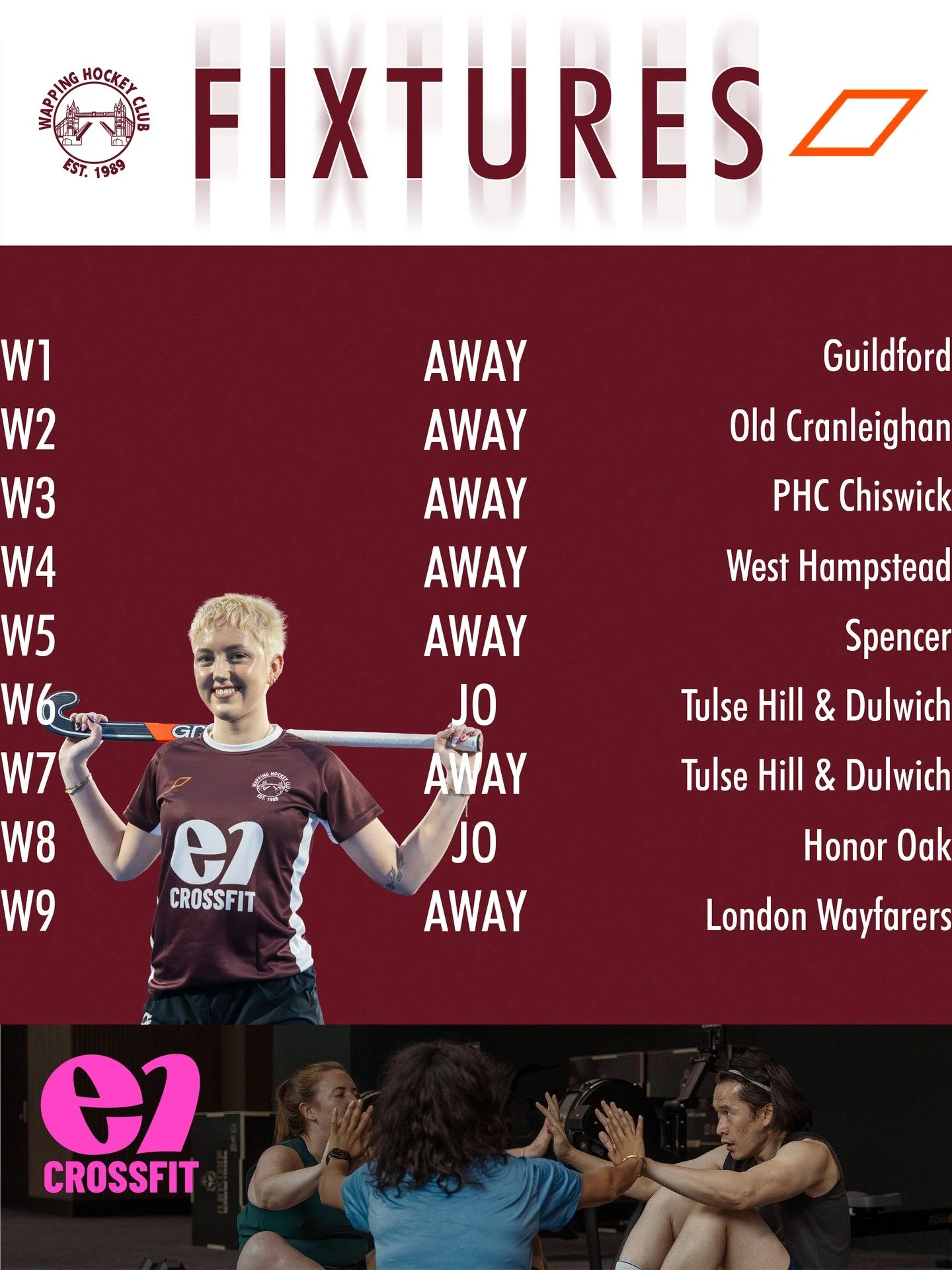 Get ready Gameweek five is here 🏑

Check out the fixtures!

Sponsored by @e1crossfit

#wapping #wappinghc #hockey #hockeylife #fieldhockey #hockeyplayer #hockeylove #londonhockey #hockeyplayers #sport #hockeyfamily #hockeygame #hockeygram #hockeytra