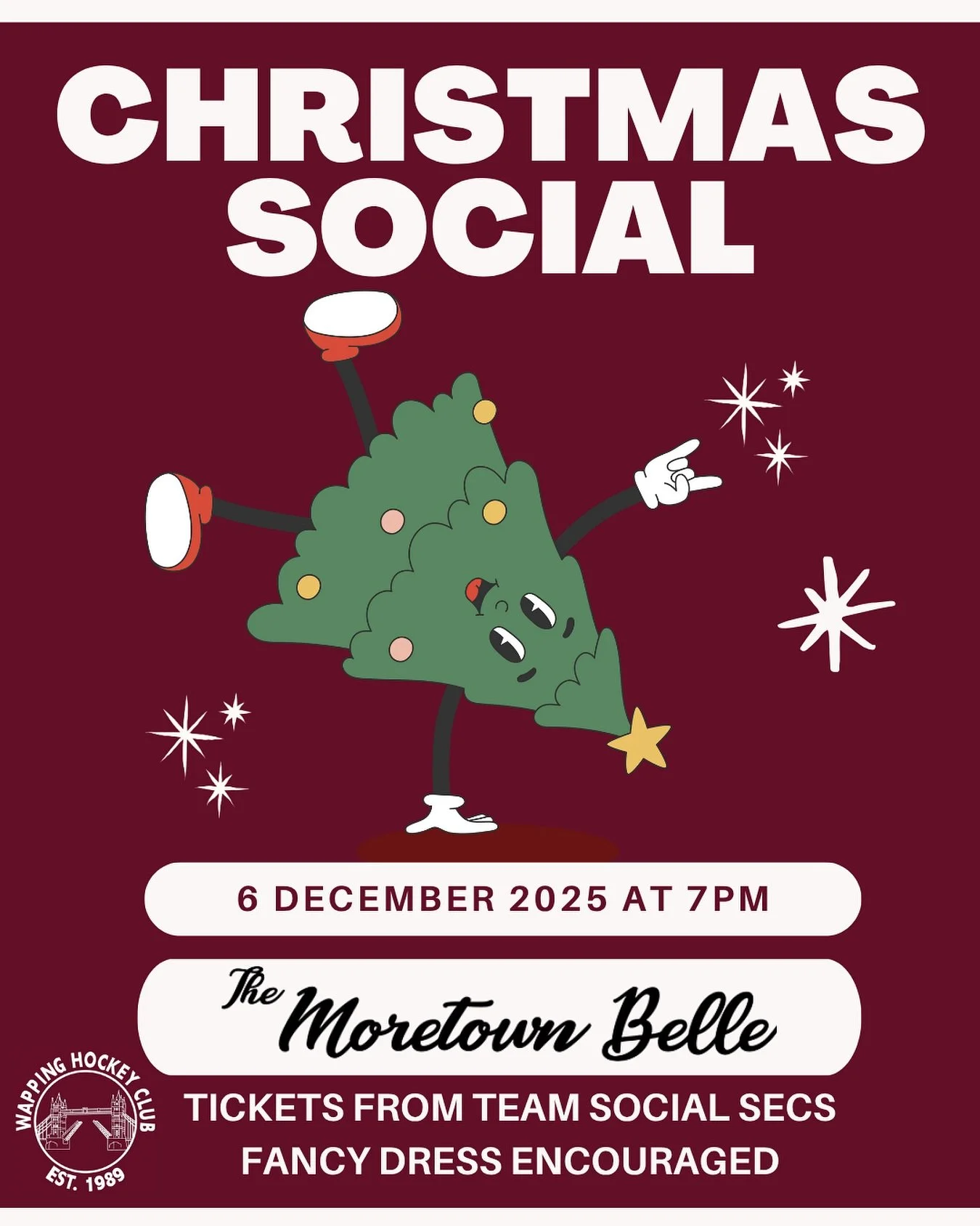 Our next social 🎄🎅🪩

1 month to go until our next fancy dress.

🗺️ The Moretown Belle Wapping

⌚7PM Start 

🎫 Tickets from you're teams social secs 

Designed by @irinikounouloupias 

#wapping #wappinghc #englandhockey #instahockey #hockey #ehl 