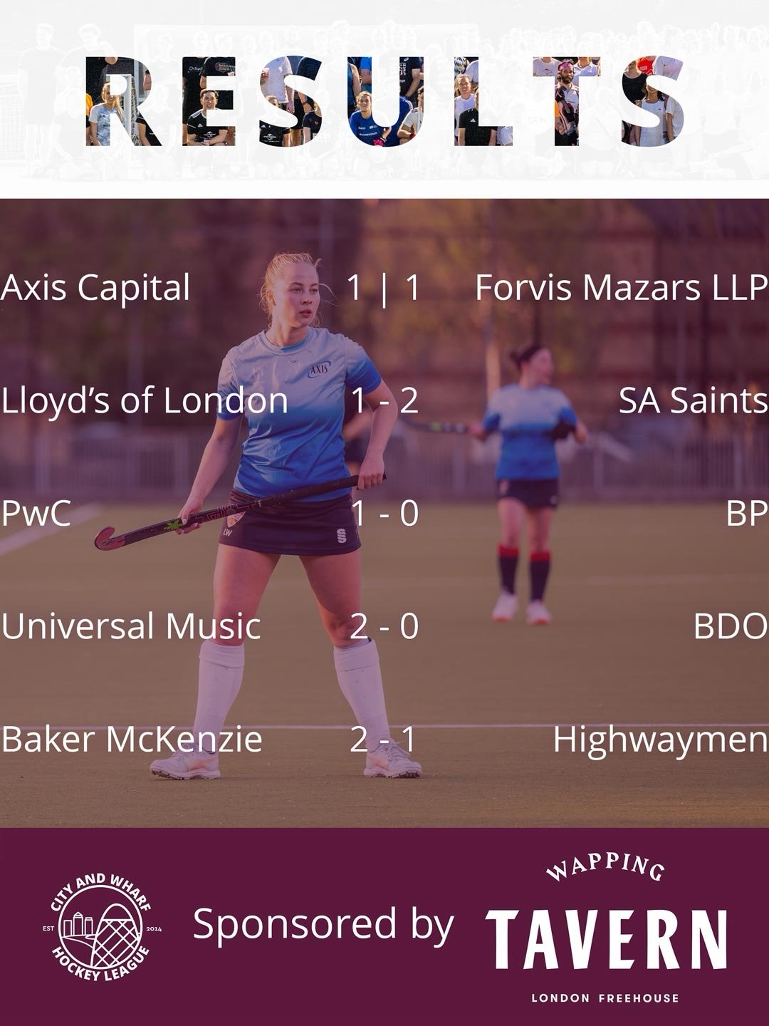 Week 1 results 👌🏑

First matches saw close results all around. 

Sponsored by @wappingtavern 

📸 @james.budgen 

#citywharfhockey #fieldhockey #hockeygram #instahockey #ad