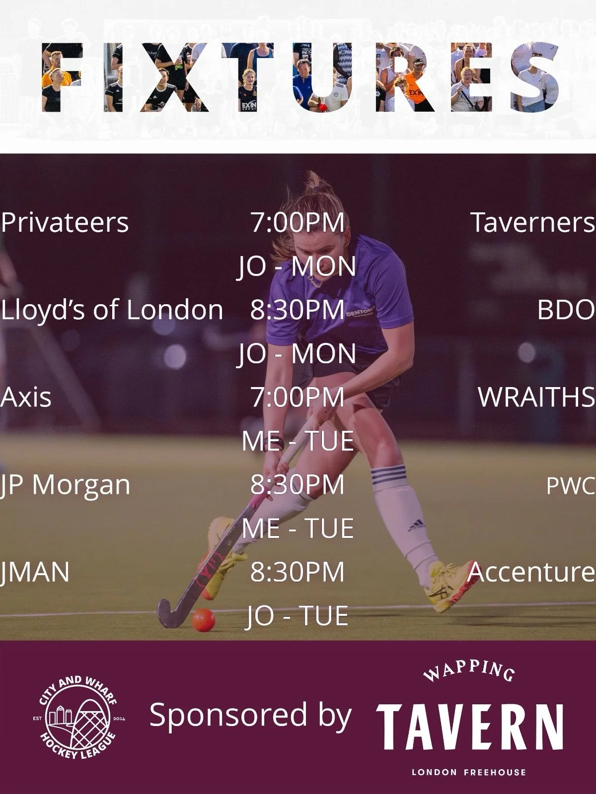 Your fixtures for this week! 🏑

Sponsored by @wappingtavern 

#fieldhockey #hockey #citywharfhockey #londonhockey #londonhockeyleague