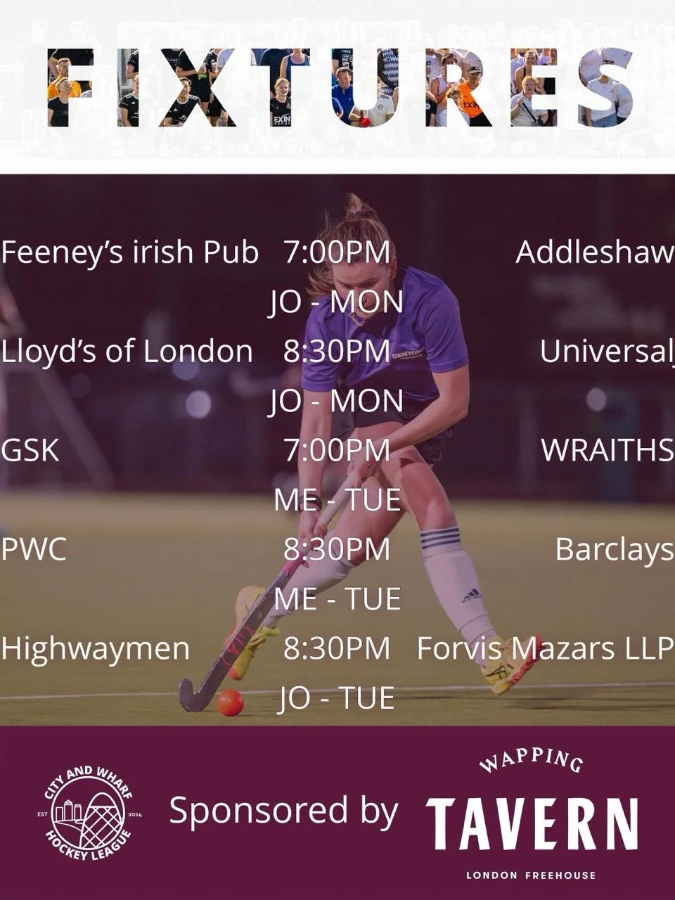 Your fixtures for this week! 🏑

Sponsored by @wappingtavern 

#fieldhockey #hockey #citywharfhockey #londonhockey #londonhockeyleague