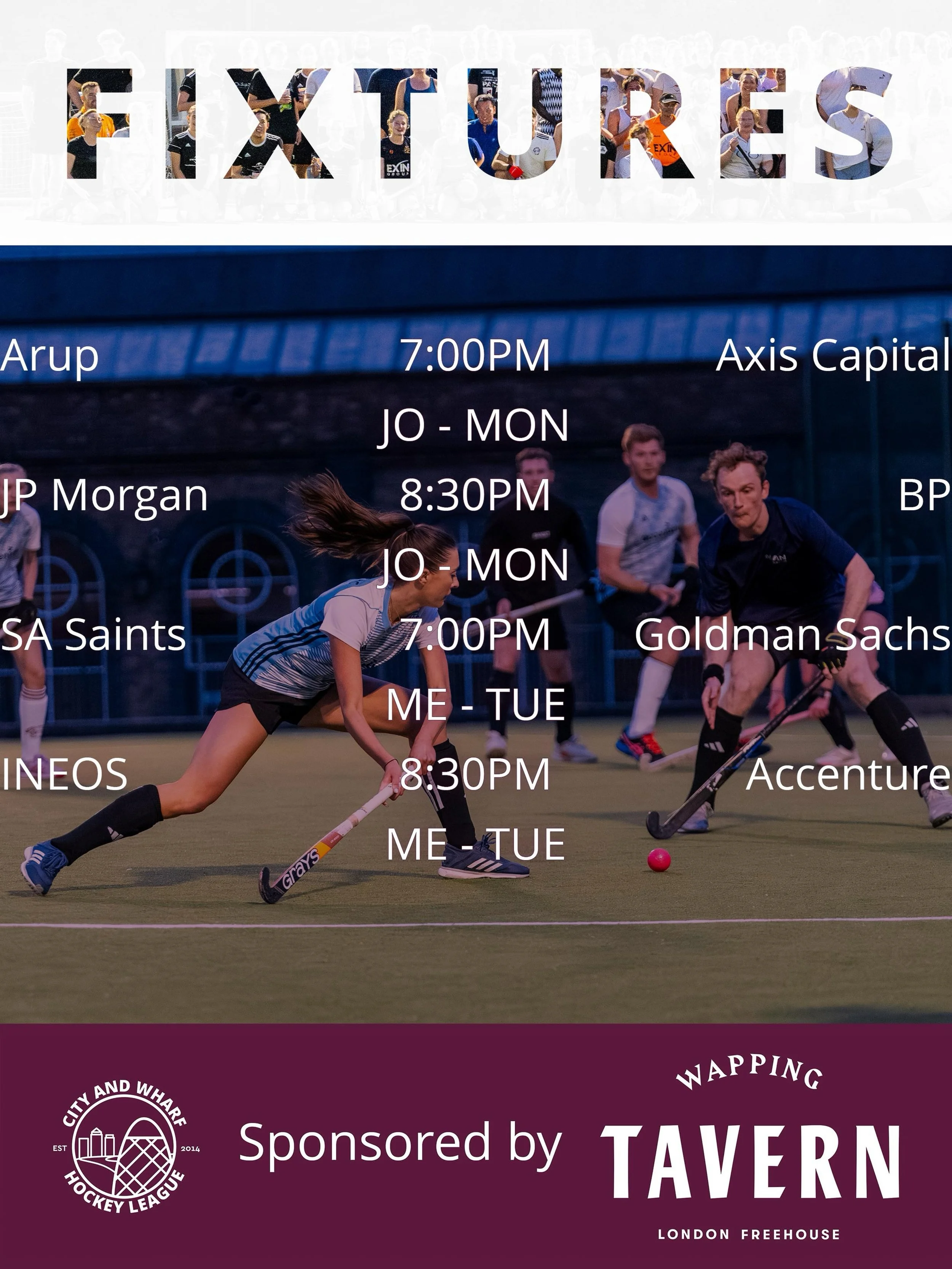 This weeks&rsquo; fixtures! Sorry if you&rsquo;ve already played them. But good luck to the ones playing tonight 🙌🏼

Sponsored by @wappingtavern 

#fieldhockey #hockey #citywharfhockey #londonhockey #londonhockeyleague