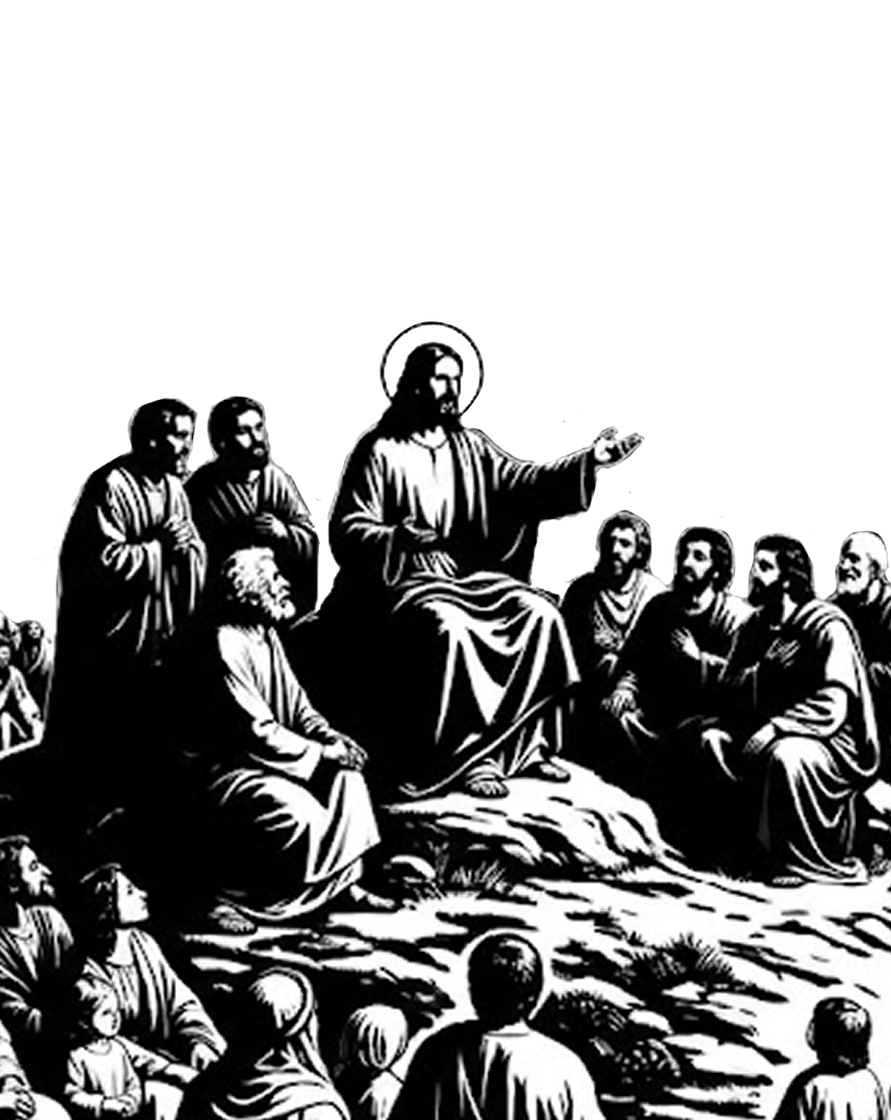 A black and white illustration of Jesus Christ teaching a group of people.