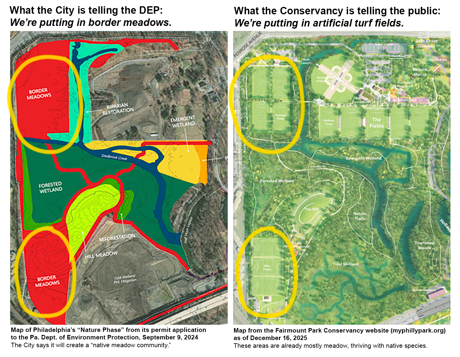 Side-by-side maps: from City application showing border meadows vs Conservancy plan showing turf fields