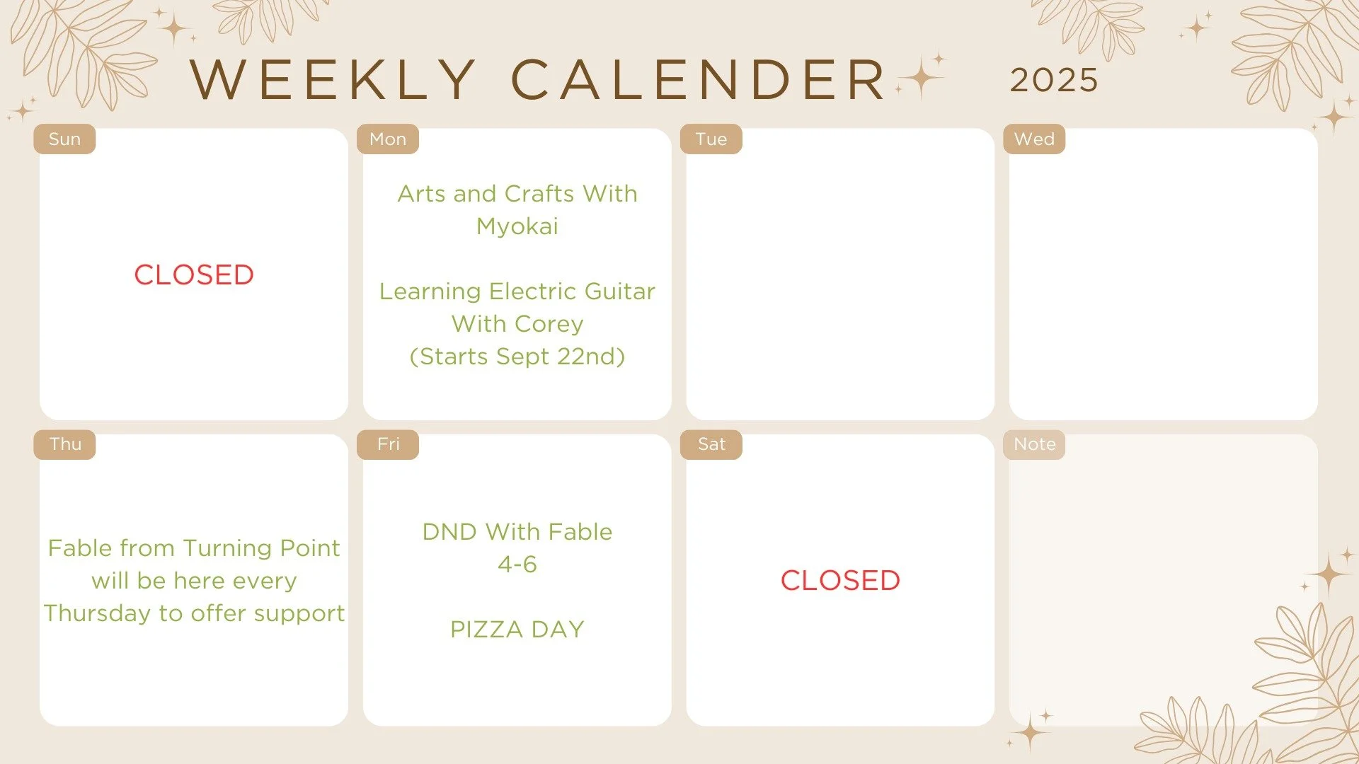 Our Weekly Calendar for this semester!