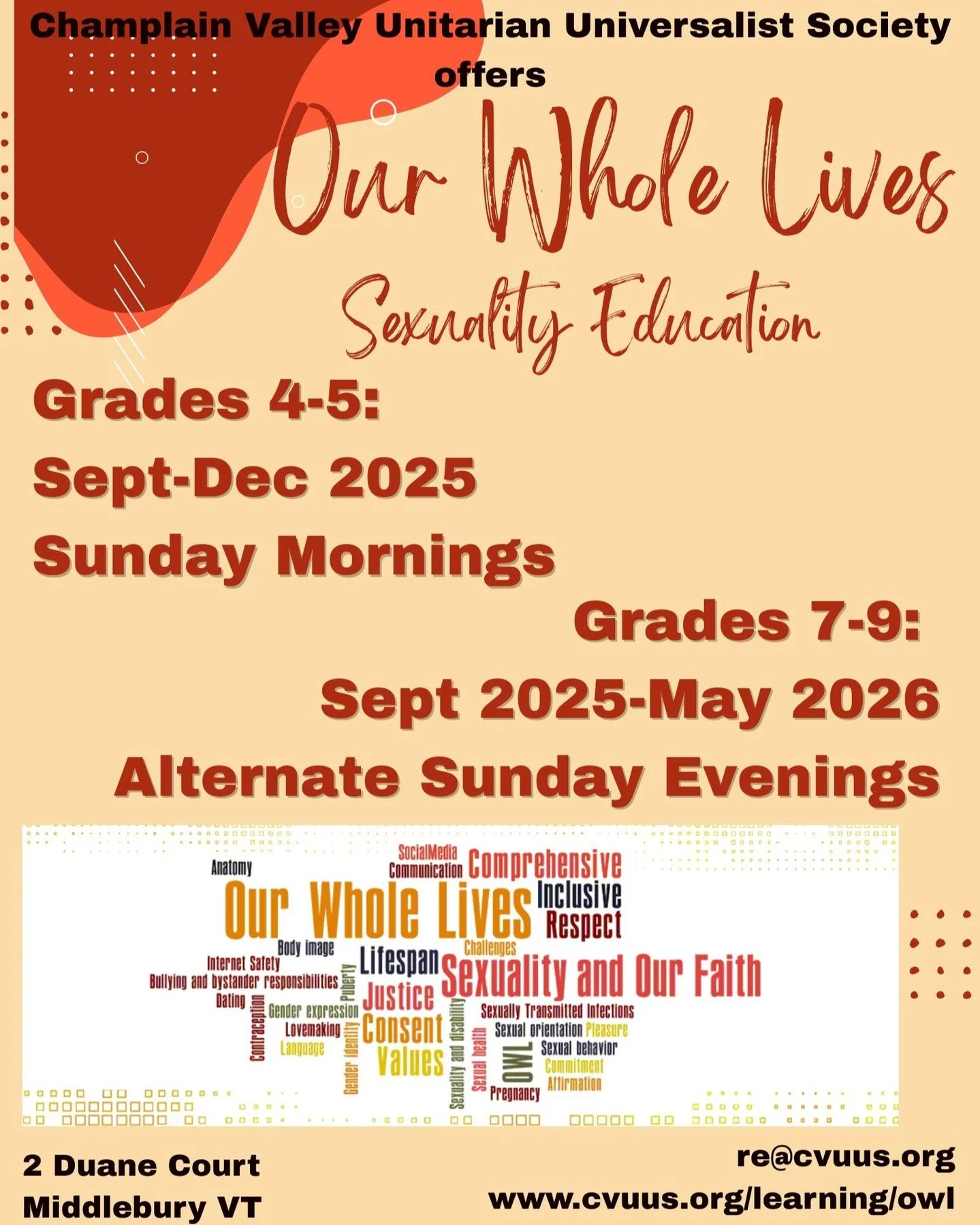 Each year, the wonderful folks at CVUUS offer a very comprehensive, age appropriate, and INCLUSIVE sexuality education to young people in our community. While it may touch on things specific to the UU worldview, it is heavily secular and open to all!