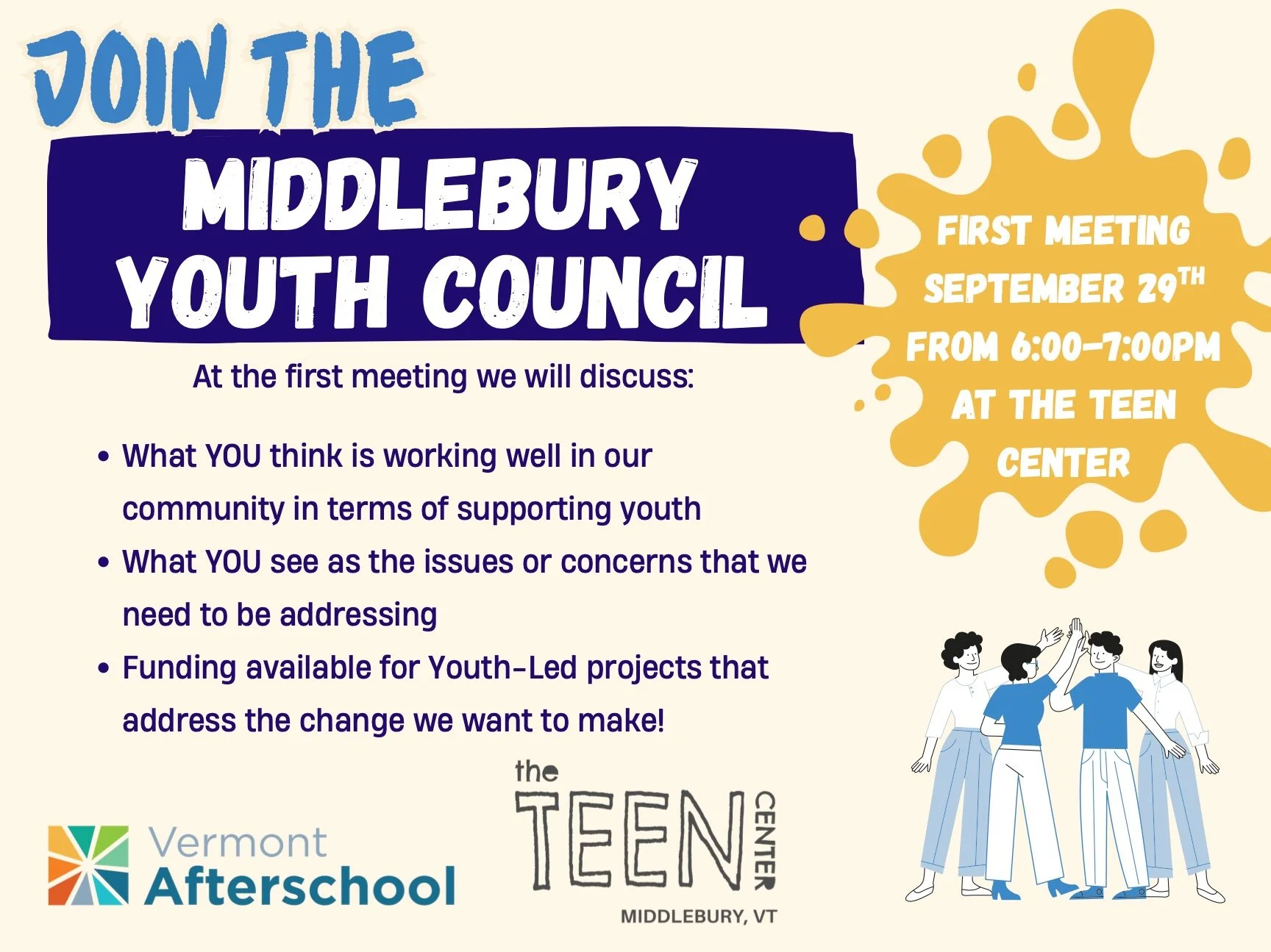 Local youth are invited to join the Middlebury Youth Council, led by and for young people in Middlebury! Our first session will be brainstorming things that work in our community and ways to make Middlebury a better place for young people. Snacks pro