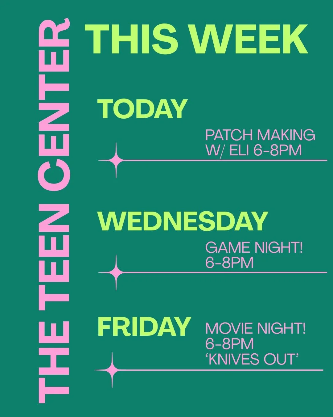 TONIGHT: Learn to make custom patches that can be sewn onto clothes or bags. No experience necessary, all materials provided. TOMORROW: Game Night! Parents/Caregivers welcome. We'll eat some food and play some board games. FRIDAY: Movie Night! Stay l