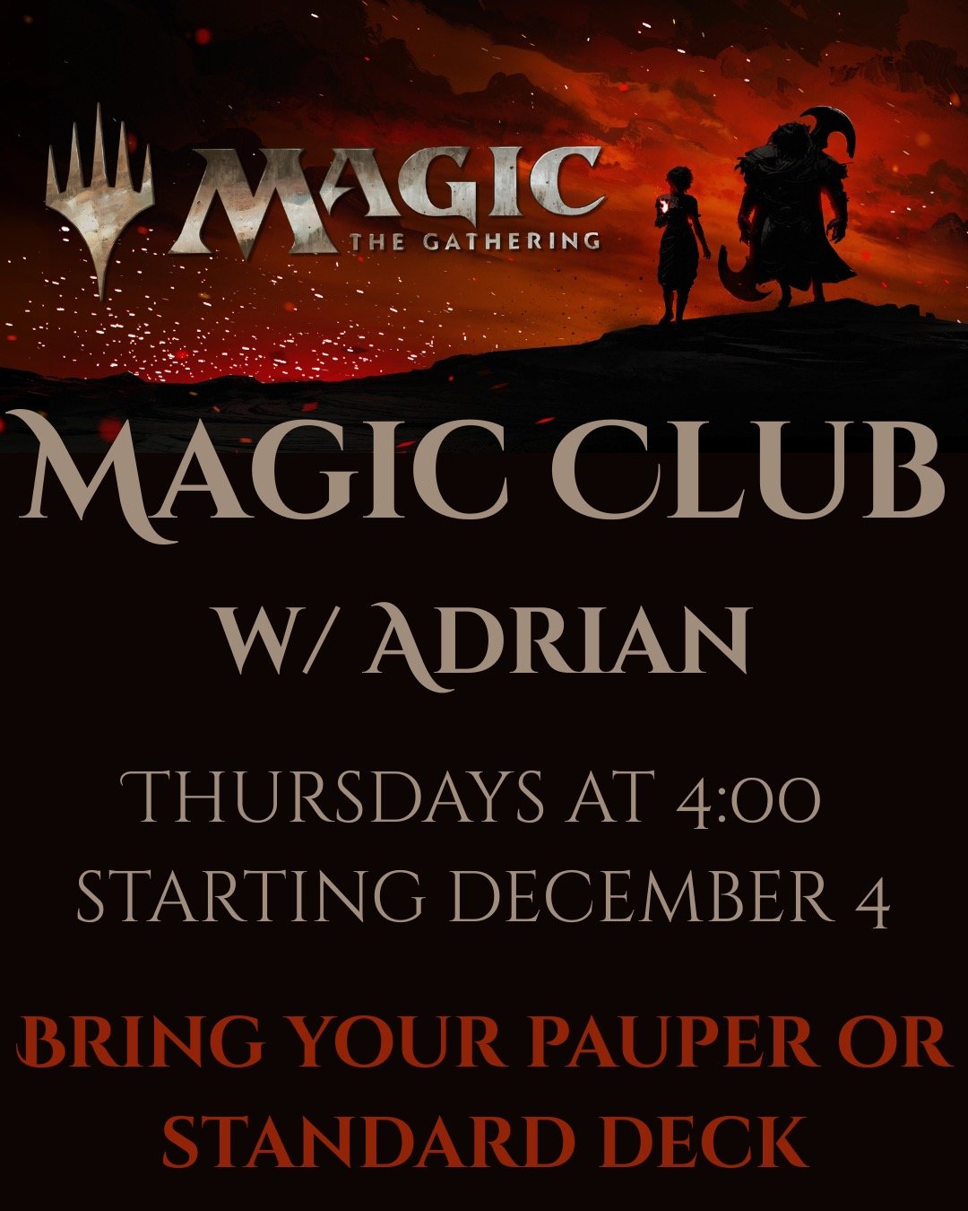 No experience necessary. New and seasoned players welcome. We'll have extra cards if you need to fill out your deck. Snack provided!