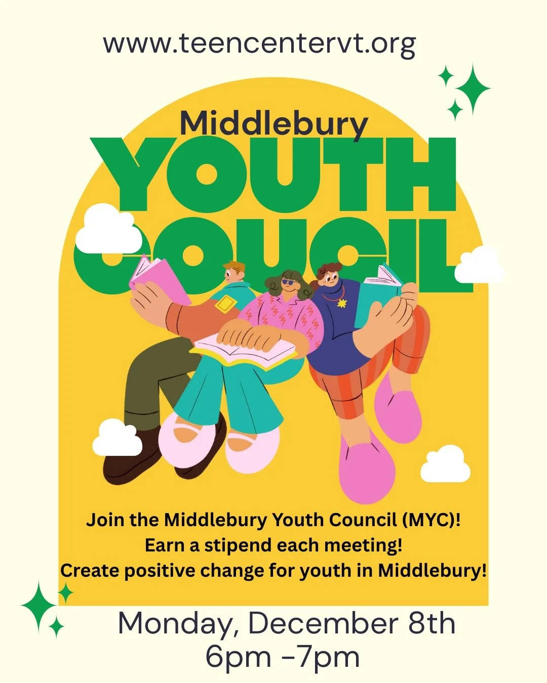 Join us for MYC on December 8th from 6-7pm. Snacks provided! All youth in attendance will earn a stipend. Bring your best ideas for making Middlebury better for youth! (And come early at 5:00 to meet Elia, therapy dog extraordinaire!)