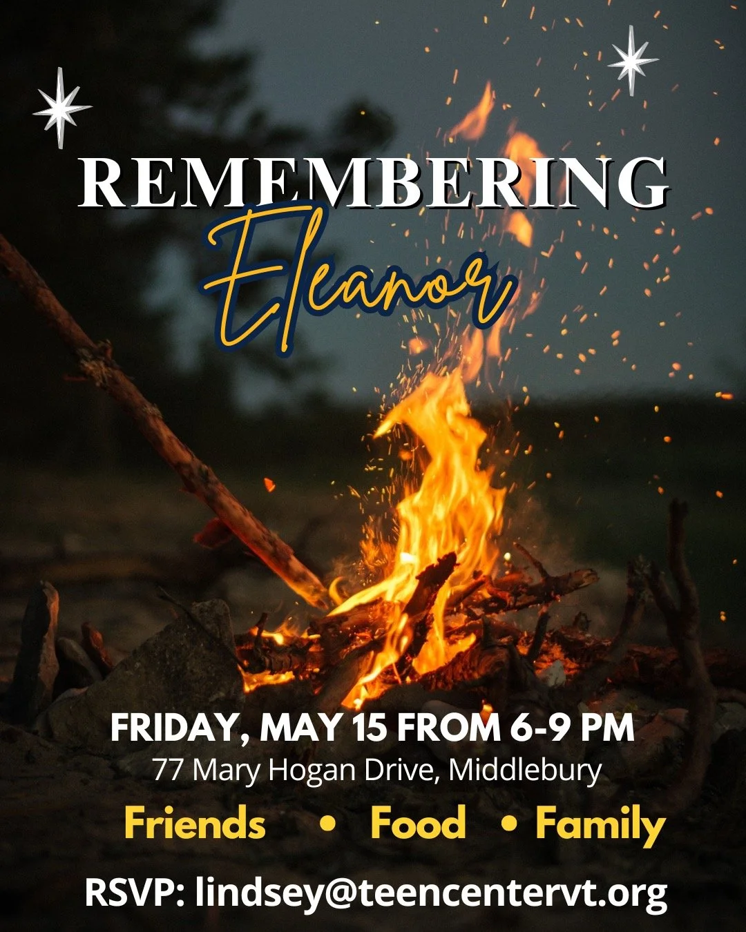 Teen Center teens and their families are invited to gather this coming Friday to remember Eleanor, and to be together as we walk through this time of grief. Teens can just show up. Everyone else, please email so we know who to expect. Please note tha
