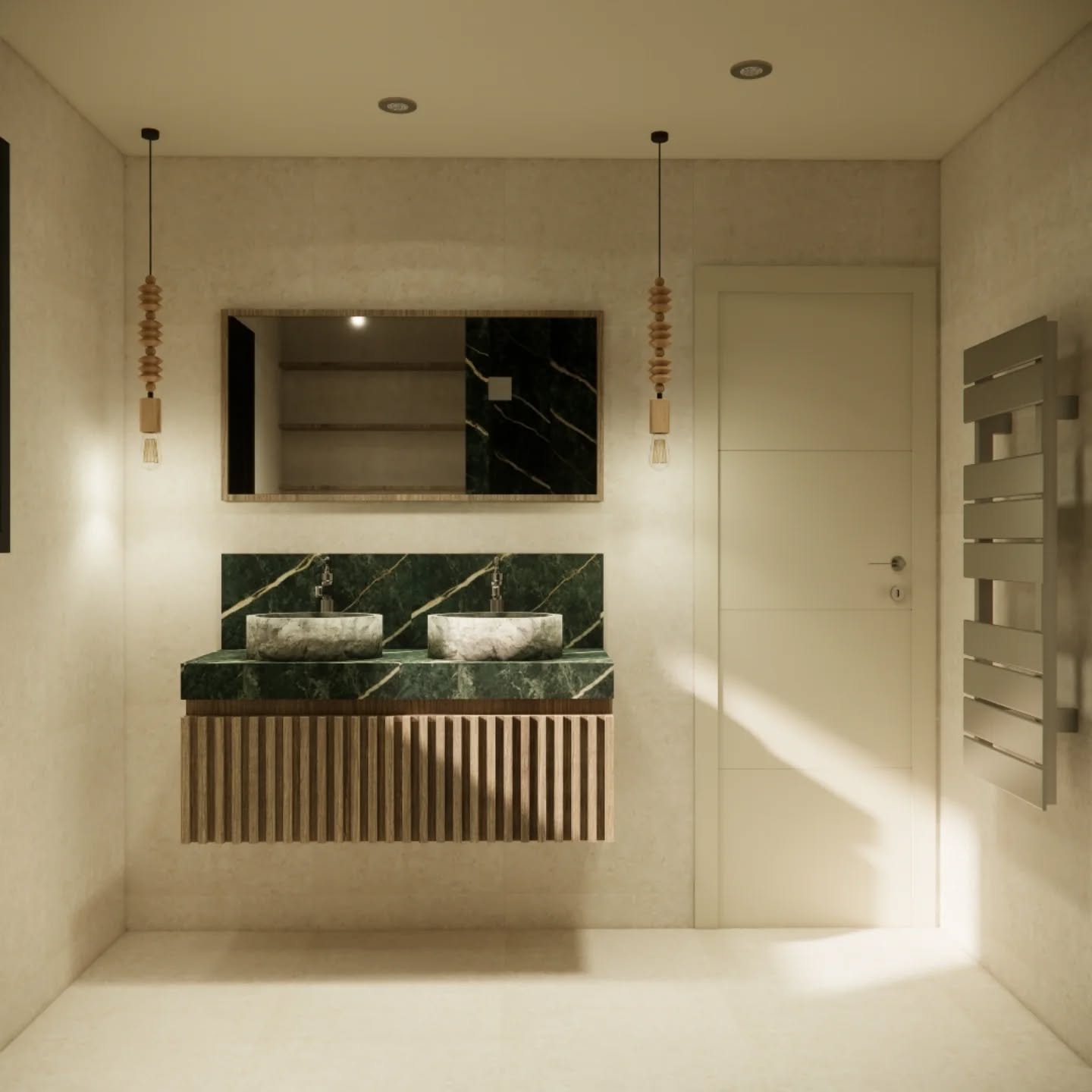 Earthy opulence meets modern refinement ✨

This primary en-suite is all about balance &mdash; bold veined marble in deep emerald tones, softened by warm timber textures and sculpted stone basins. The floating vanity adds lightness, while brushed meta