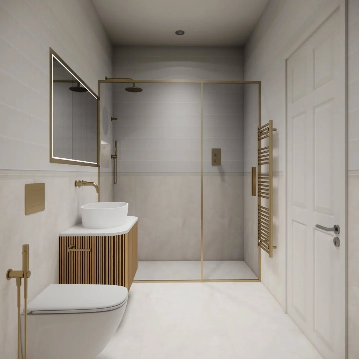 ✨ A sanctuary of calm in the heart of the home. This primary ensuite blends soft neutrals with brushed brass accents, creating a timeless balance of warmth and sophistication.

From the fluted vanity to the statement freestanding bath and walk-in rai