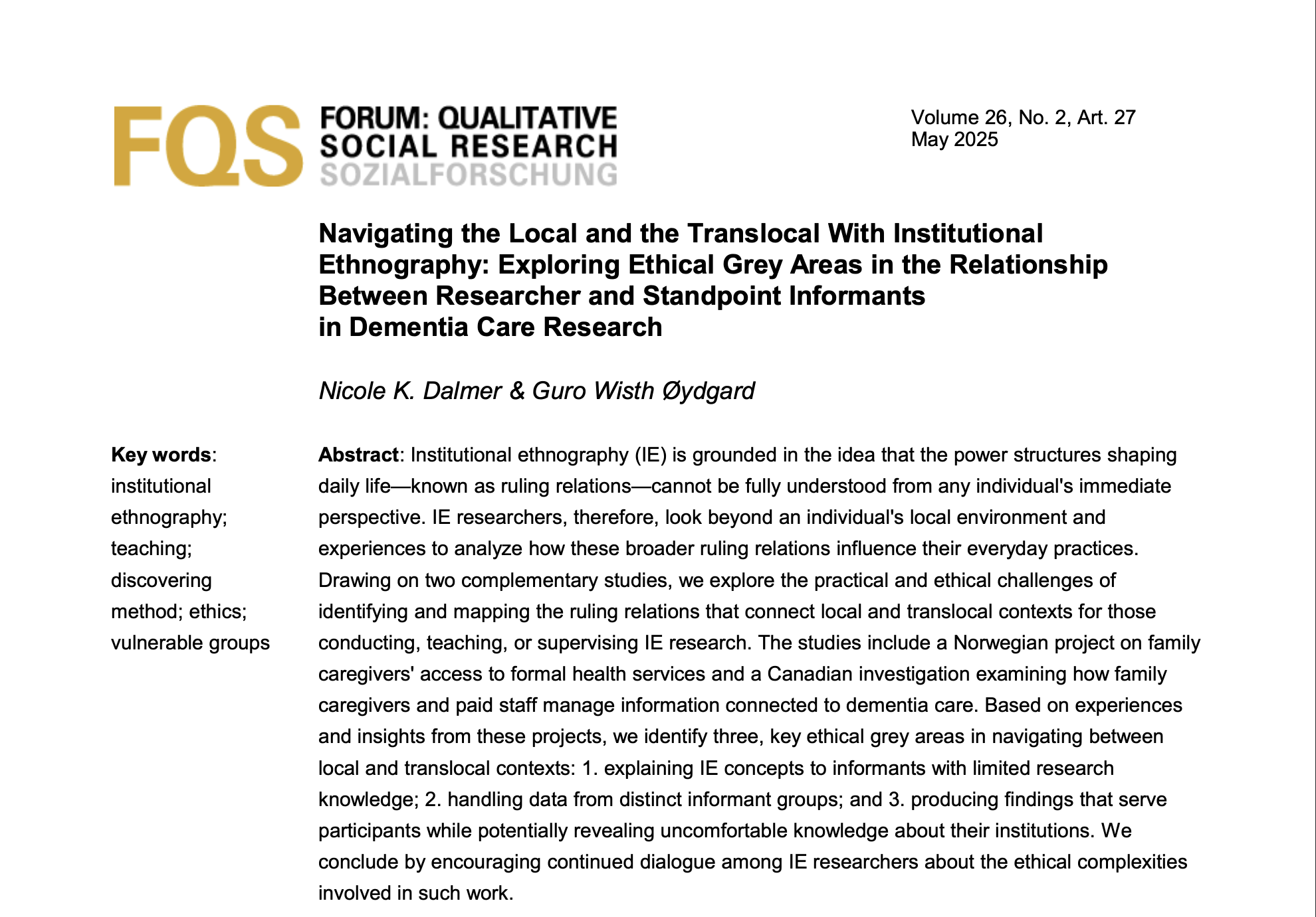 New Article on Ethical Challenges in Dementia Care Research