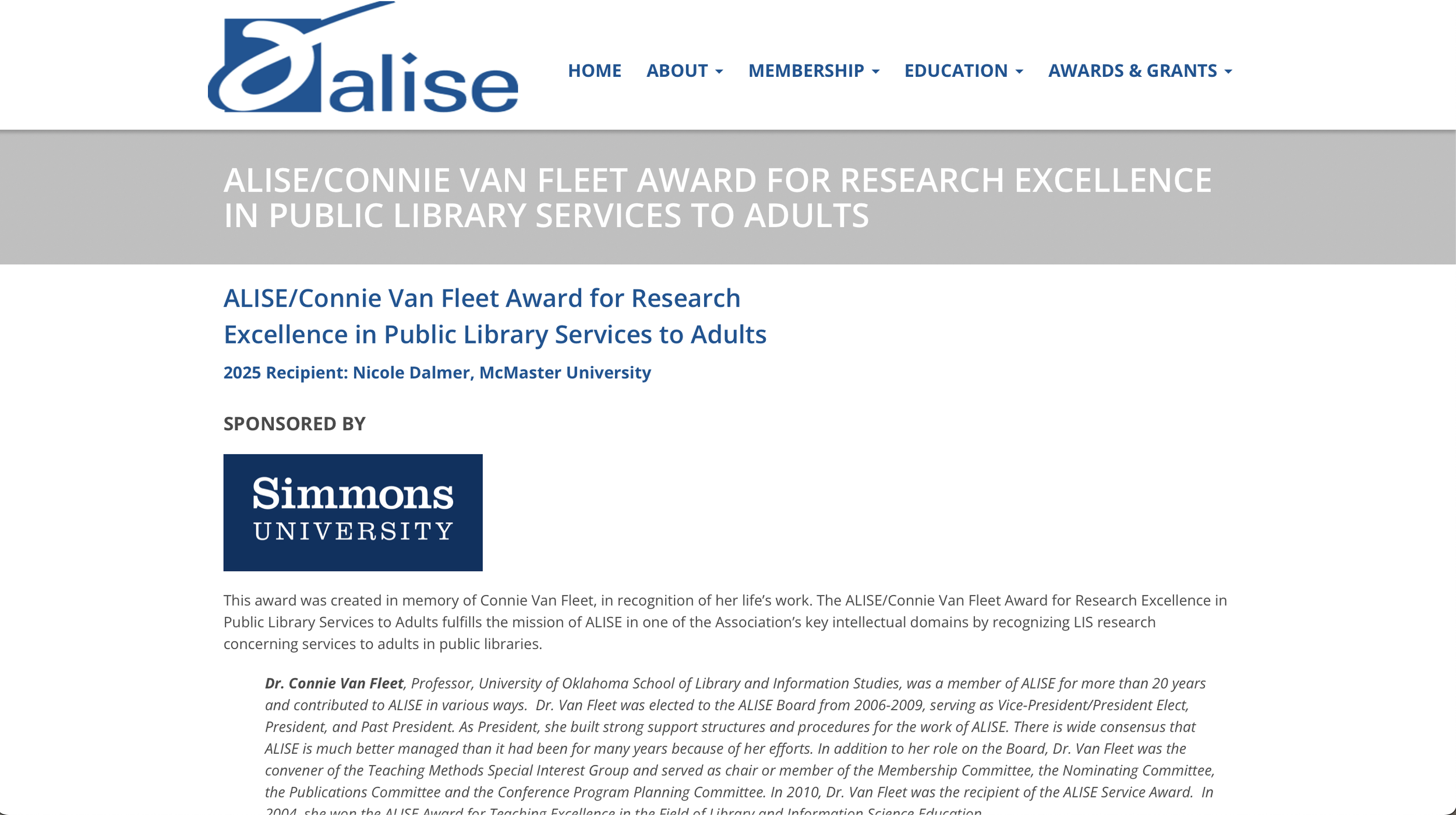 Nicole Dalmer Receives Connie Van Fleet Award
