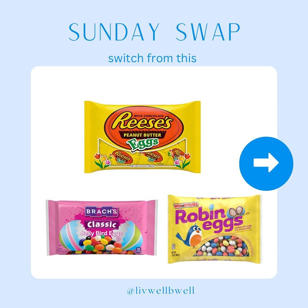 SUNDAY SWAP ➡️ EASTER CANDY 

I may catch some heat for this one 🤣 I know Reese&rsquo;s eggs and robins eggs are a holiday favorite.

These common Easter candies all contain hydrogenated oils, corn syrup, artificial flavors, and artificial food dyes