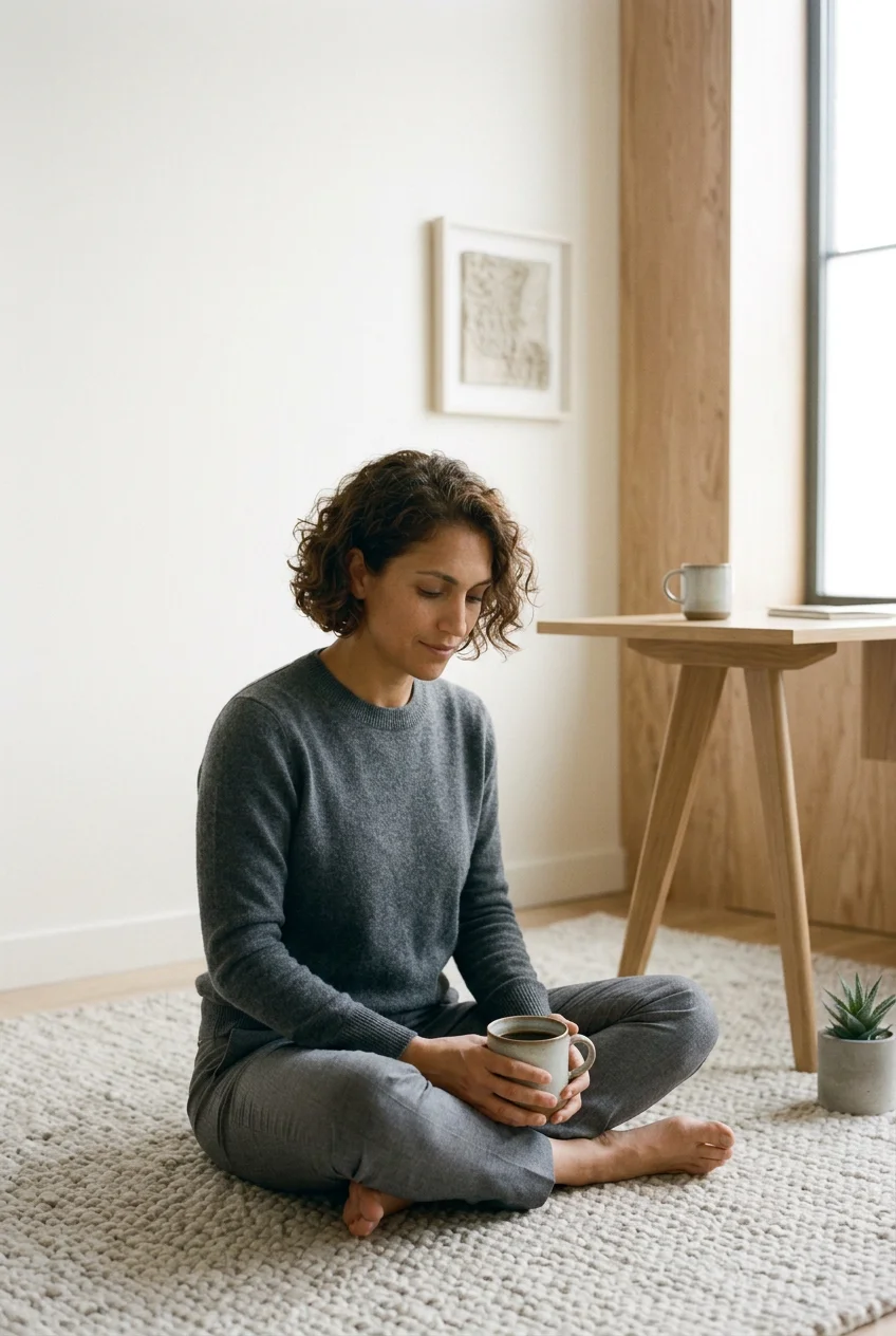 A woman sitting on the floor with a coffee in her lap in Vancouver, B.C.