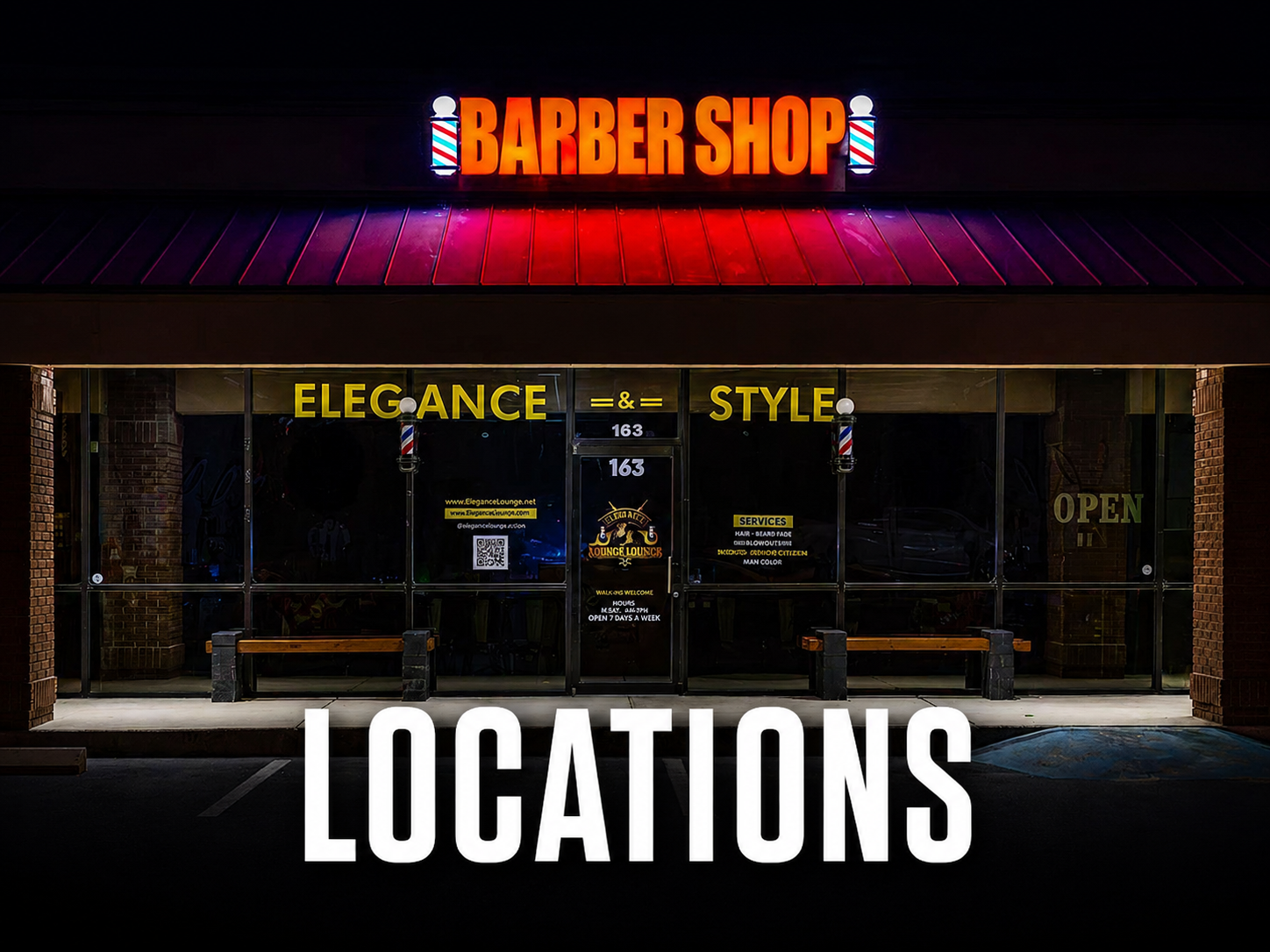 Nighttime view of a barber shop with illuminated signs. The sign reads "Barber Shop" in bold orange letters, with traditional barber pole icons on either side. The front window displays the words "Elegance & Style" in yellow, along with business details and services. The word "LOCATIONS" in large white letters is overlaid on the bottom of the image.