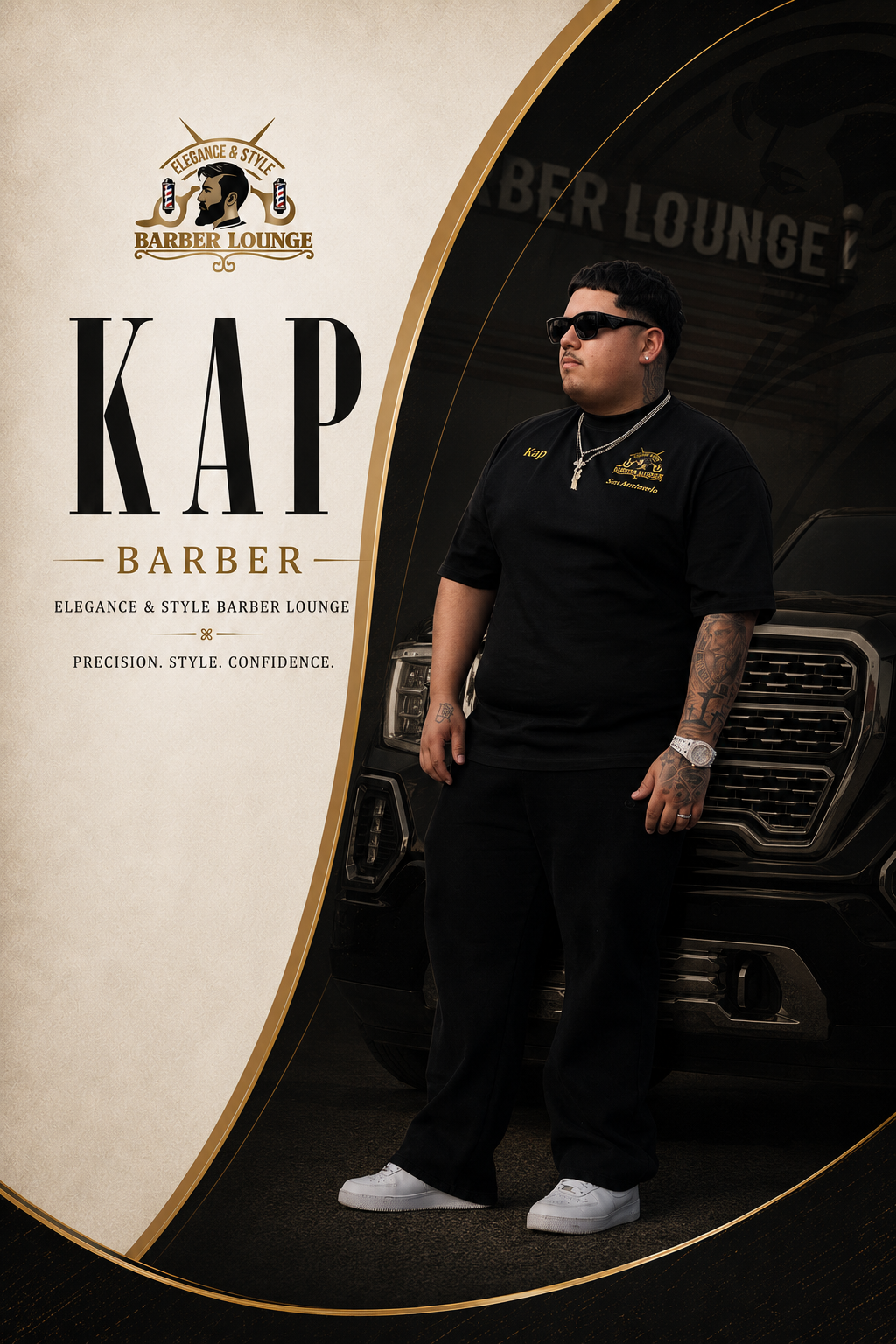 Young man wearing a black hoodie standing in front of a barber shop logo with a barber pole in the background.