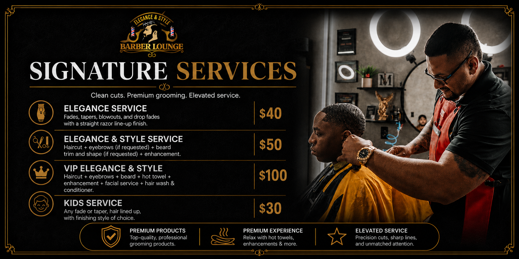 Digital menu board advertising barber lounge signature grooming services, including elegance service, style service, VIP elegance & style, and kids service, with pricing and descriptions, next to barber cutting a client's hair in salon setting.