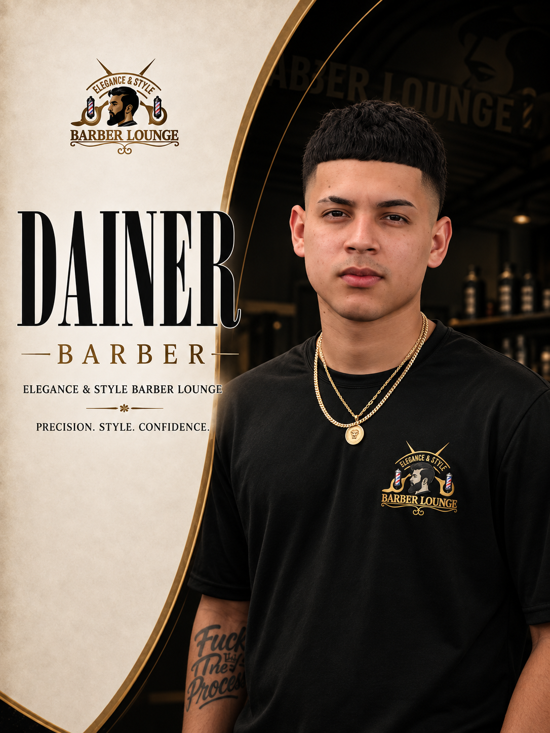 Smiling man standing in front of a barbershop mural, wearing a black hoodie with barber-related logo.