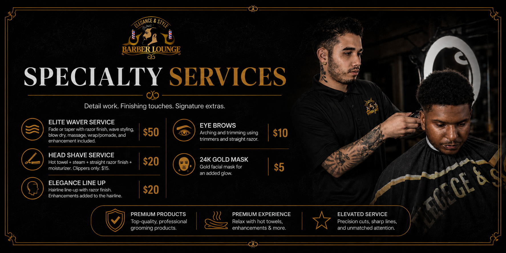 Sign for a barber lounge showcasing various specialty services including Elite Waver Service, Head Shave Service, Elegance Line Up, Eye Brows, 24K Gold Mask, and additional offerings like premium products, experience, and elevated service.