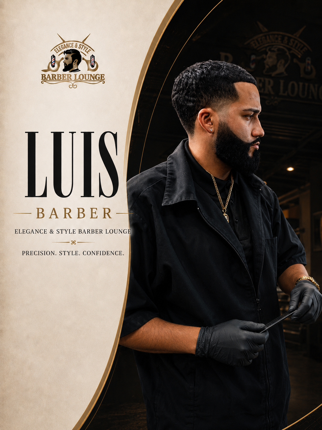 A man with a beard and glasses wearing a black hoodie and gold jewelry standing in front of a wall with barber-themed murals.