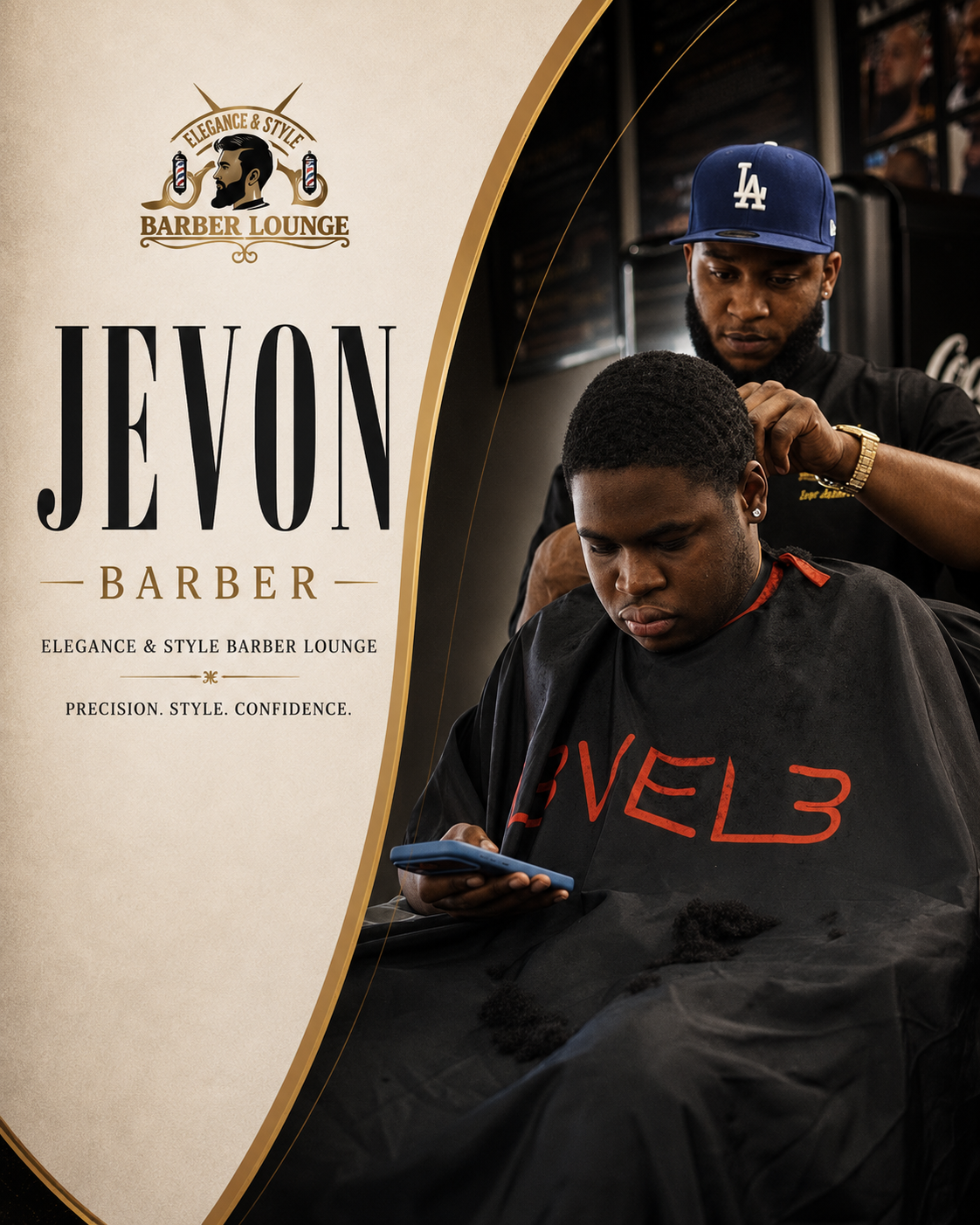 Young man with a beard wearing a black hoodie with a barber lounge logo, standing in front of a gray wall with a barber-themed background.
