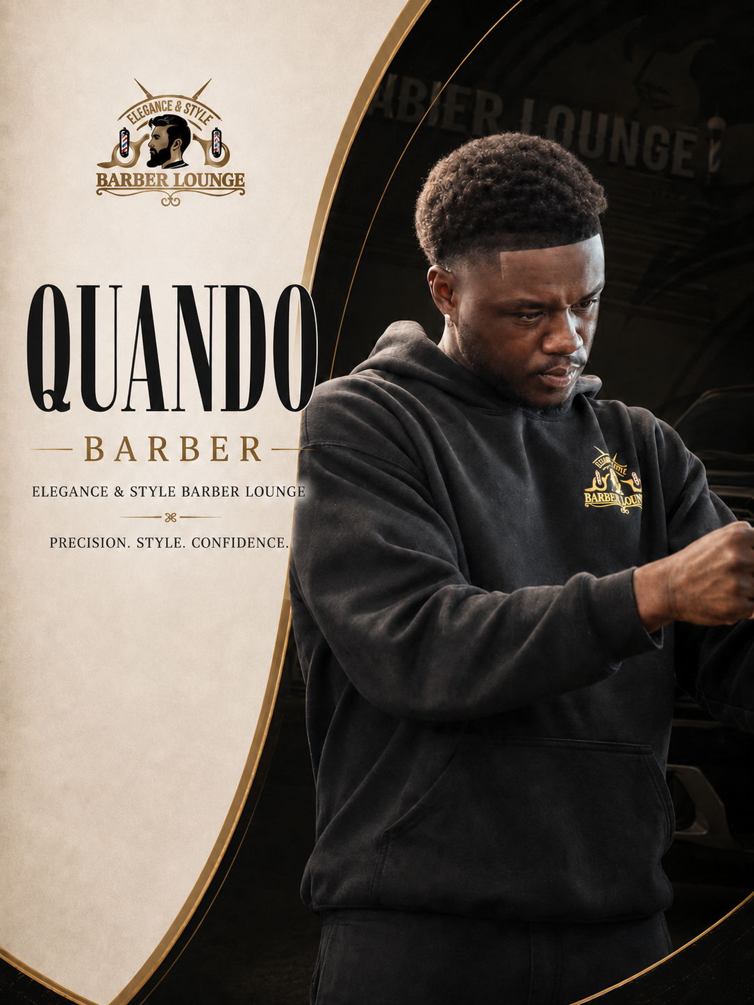 Young man with earrings wearing a black hoodie with a barber lounge logo, standing inside a barbershop with a half-shaved head and a serious expression.