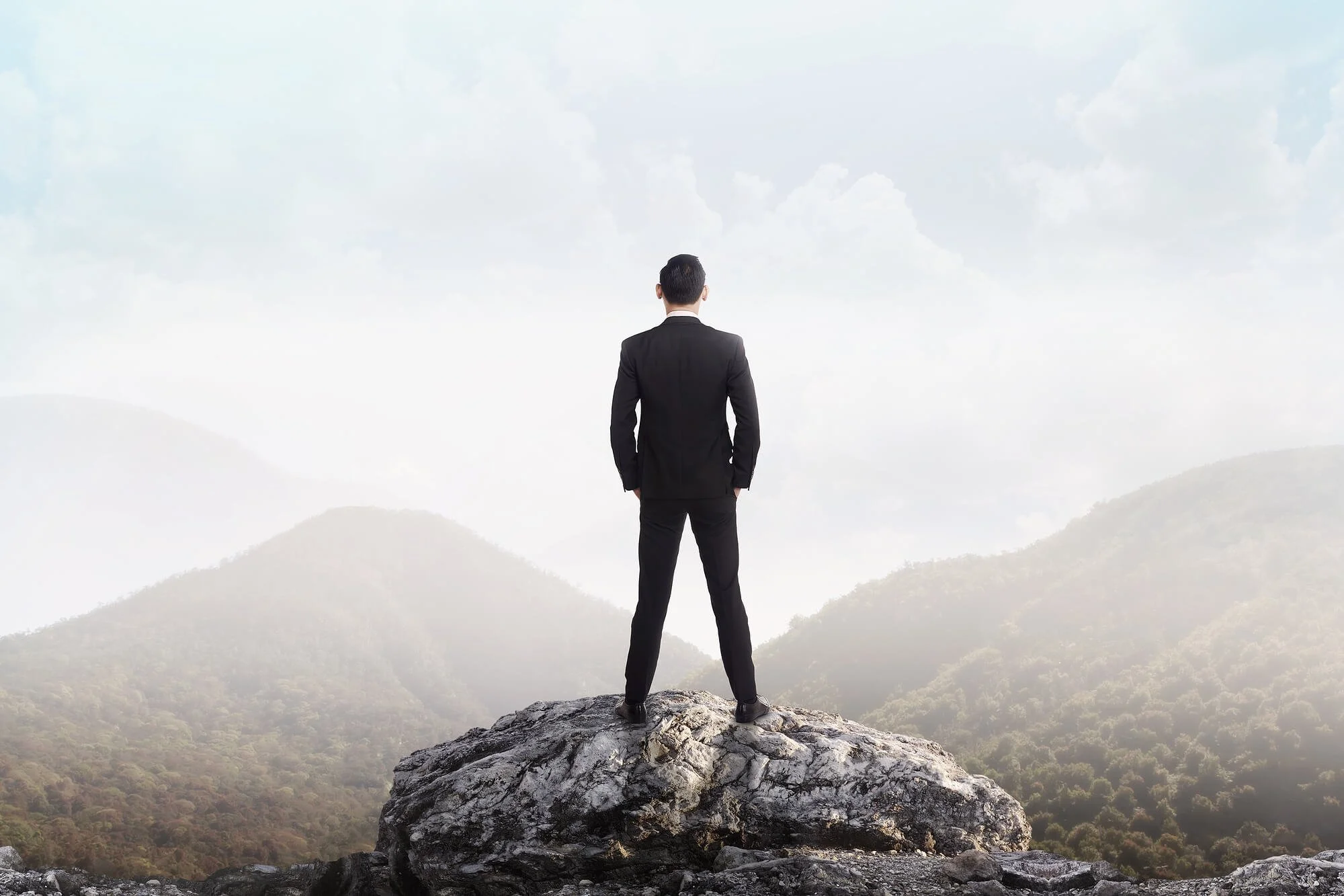 A professional man standing on a rocky overlook
