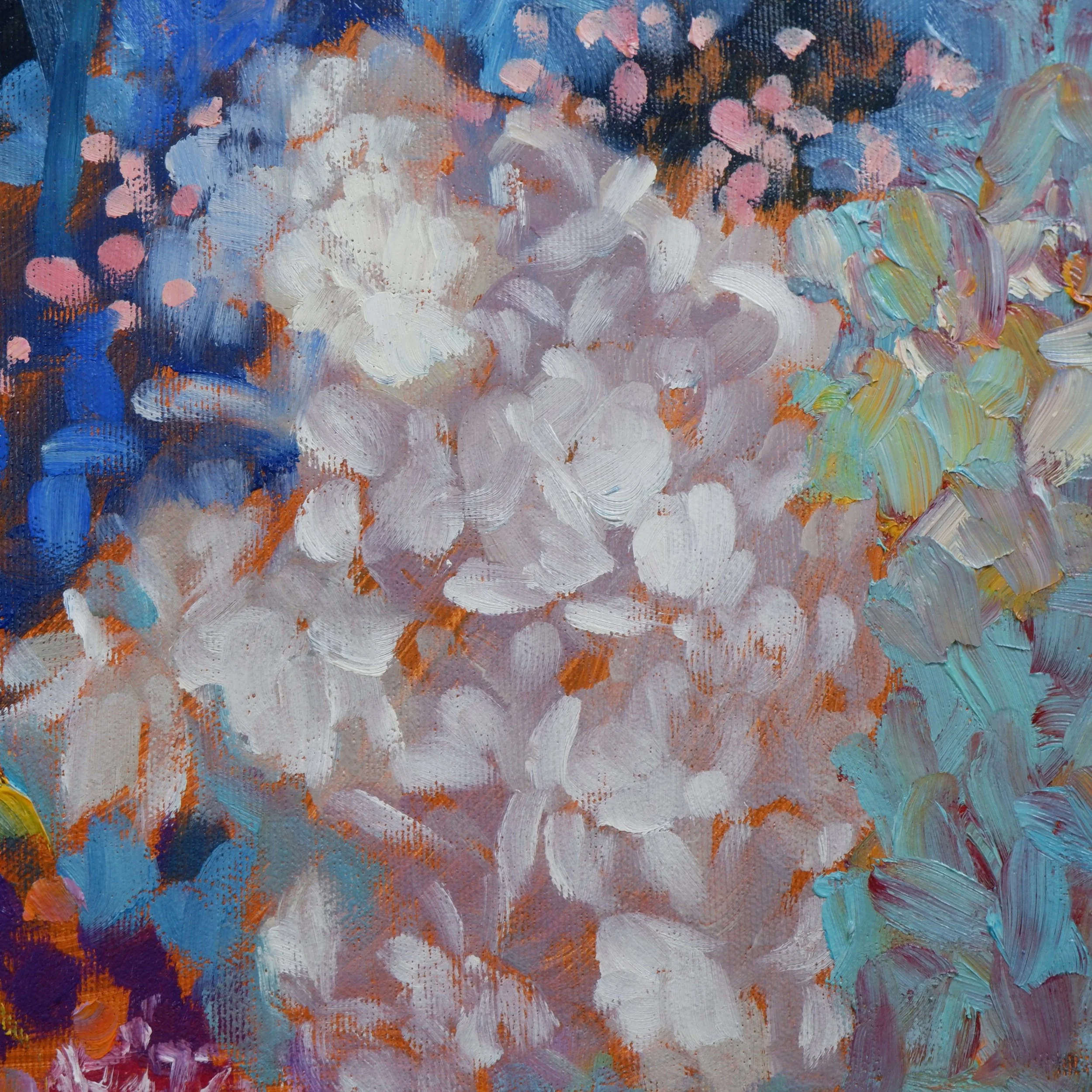 Abstract expressionist painting with bold strokes of blue, white, pink, orange, and green paint layered to create a textured, colorful composition.