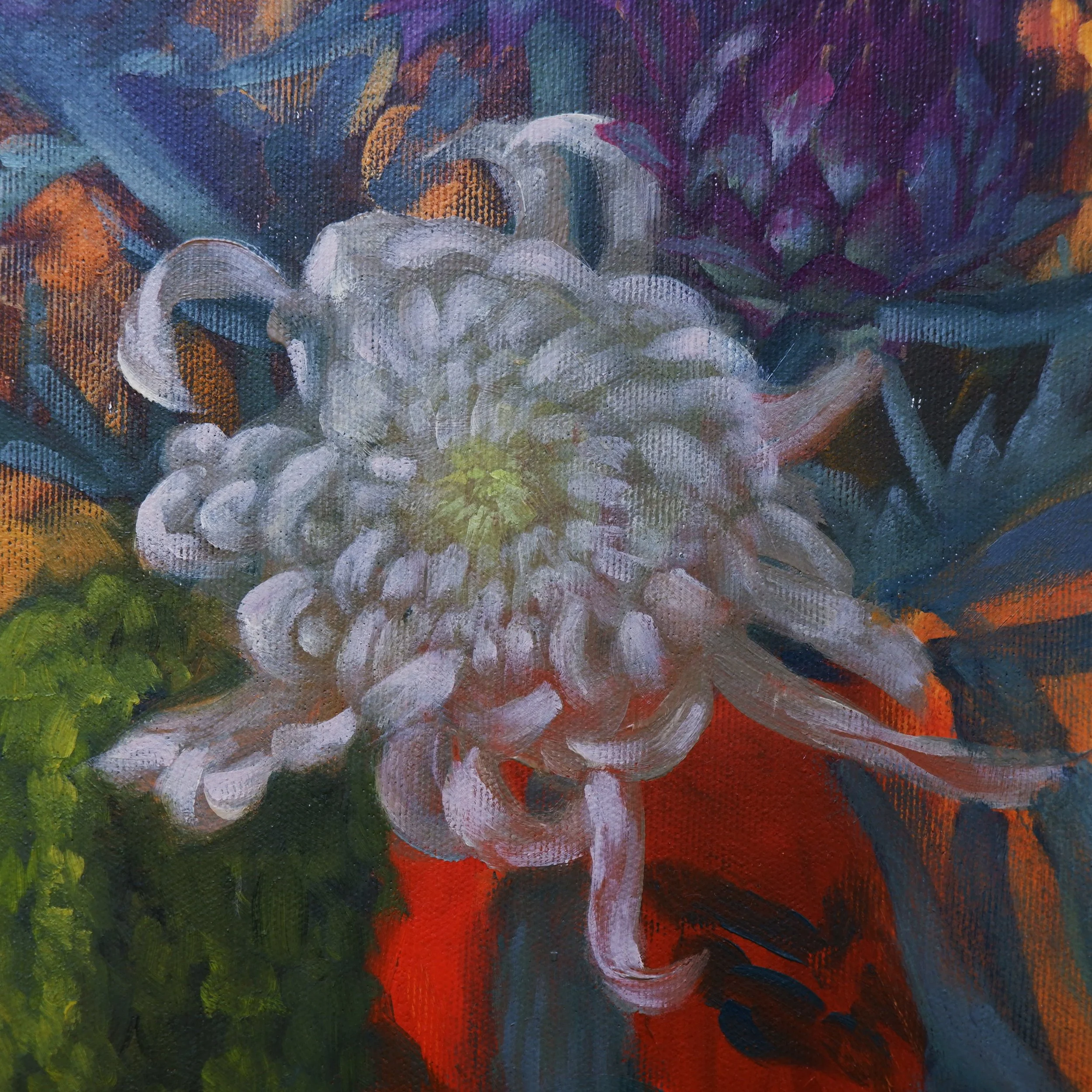 Close-up of a colorful abstract painting with swirling patterns in shades of purple, white, green, and red.